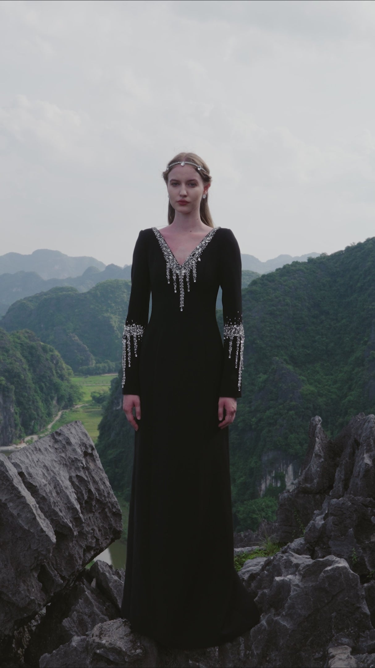 V-Neck Back Slit Dress With Stone Embellishments