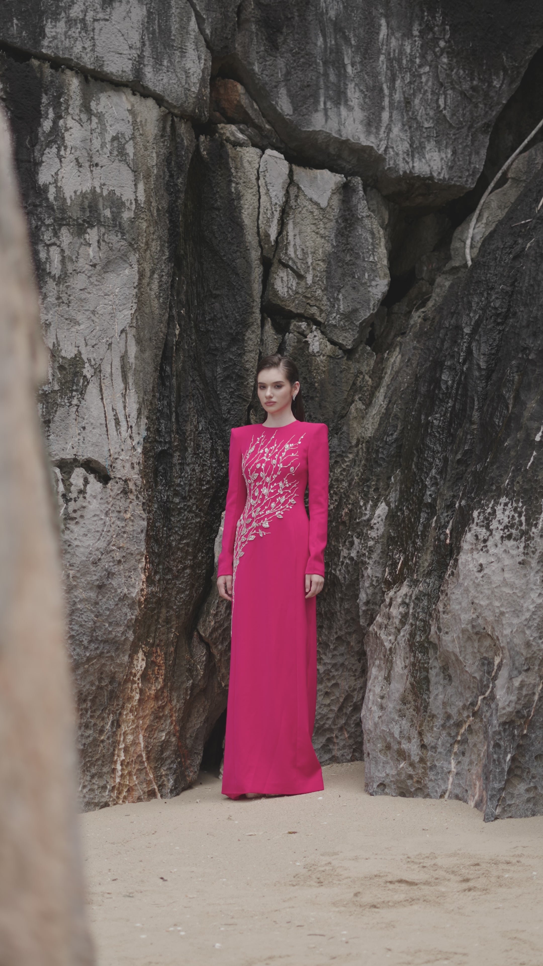 Padded Shoulder Crystal Embellished Straight Dress