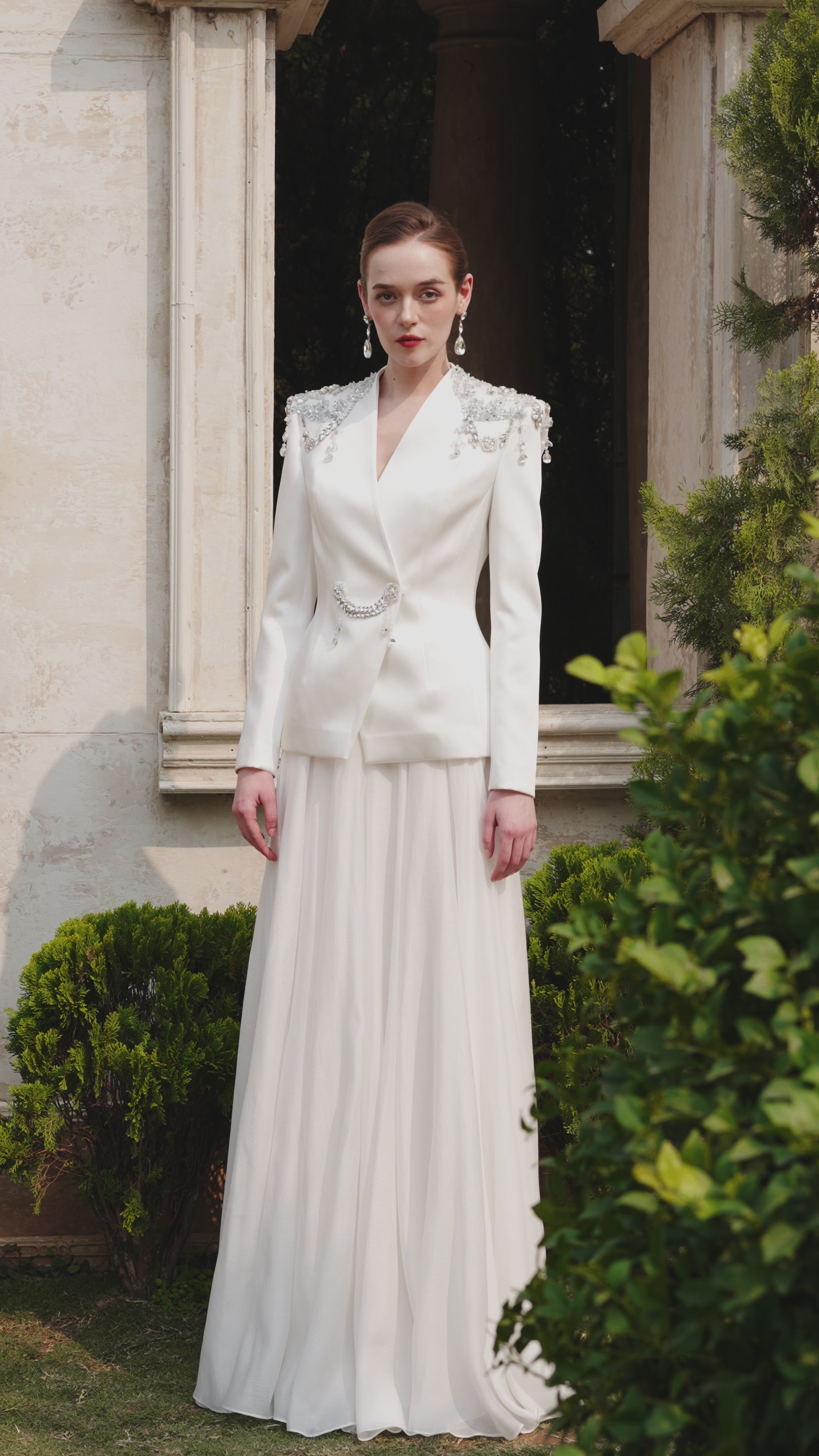 Stylized Shoulder Blazer With Flared A-Line Skirt Set