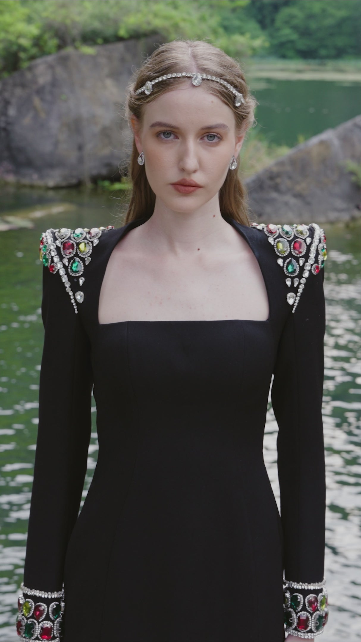 Long Sleeve Stone Embellished Shoulder Dress