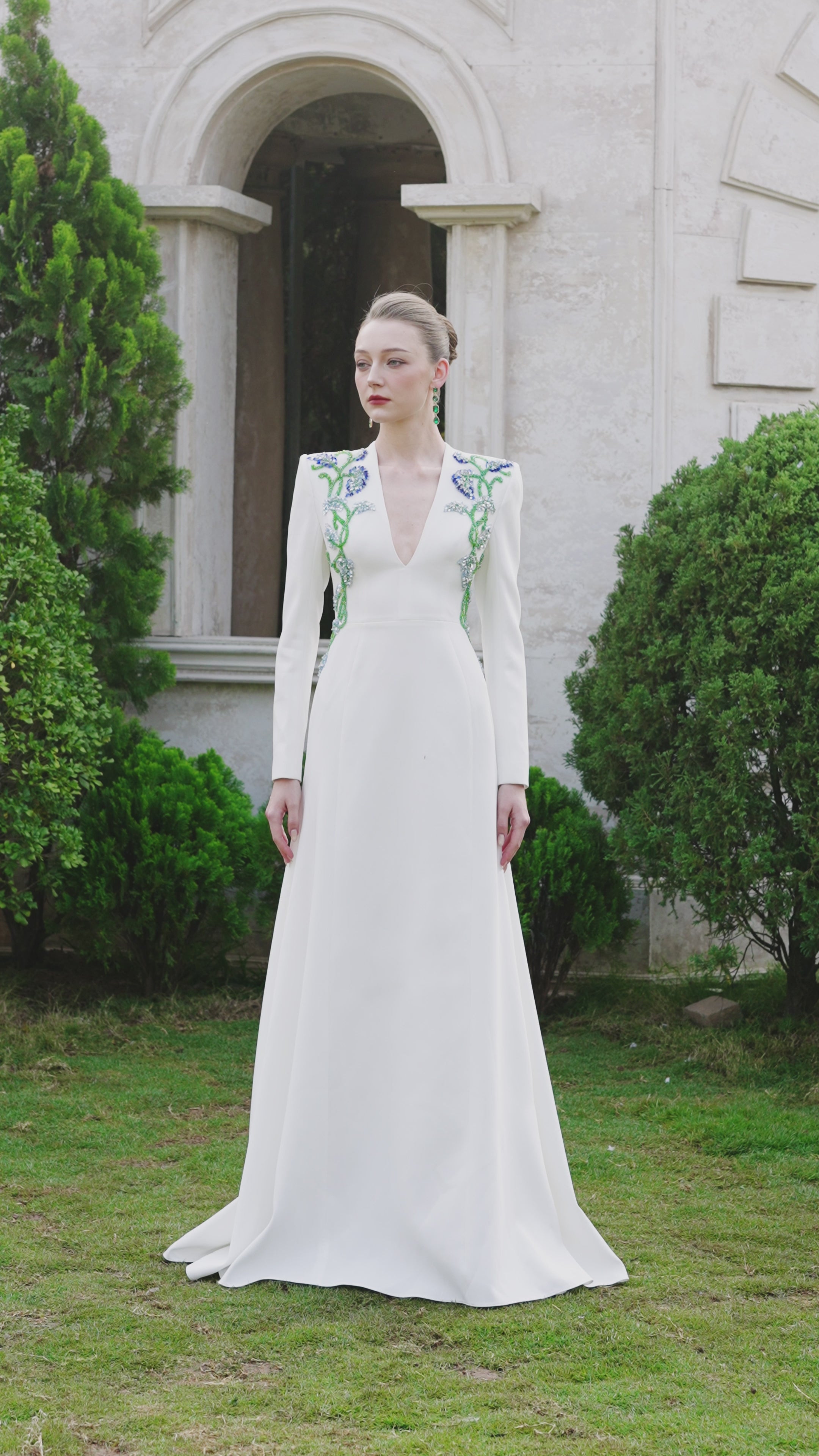 Double Crystal-Embellished Deep V-Neck Dress