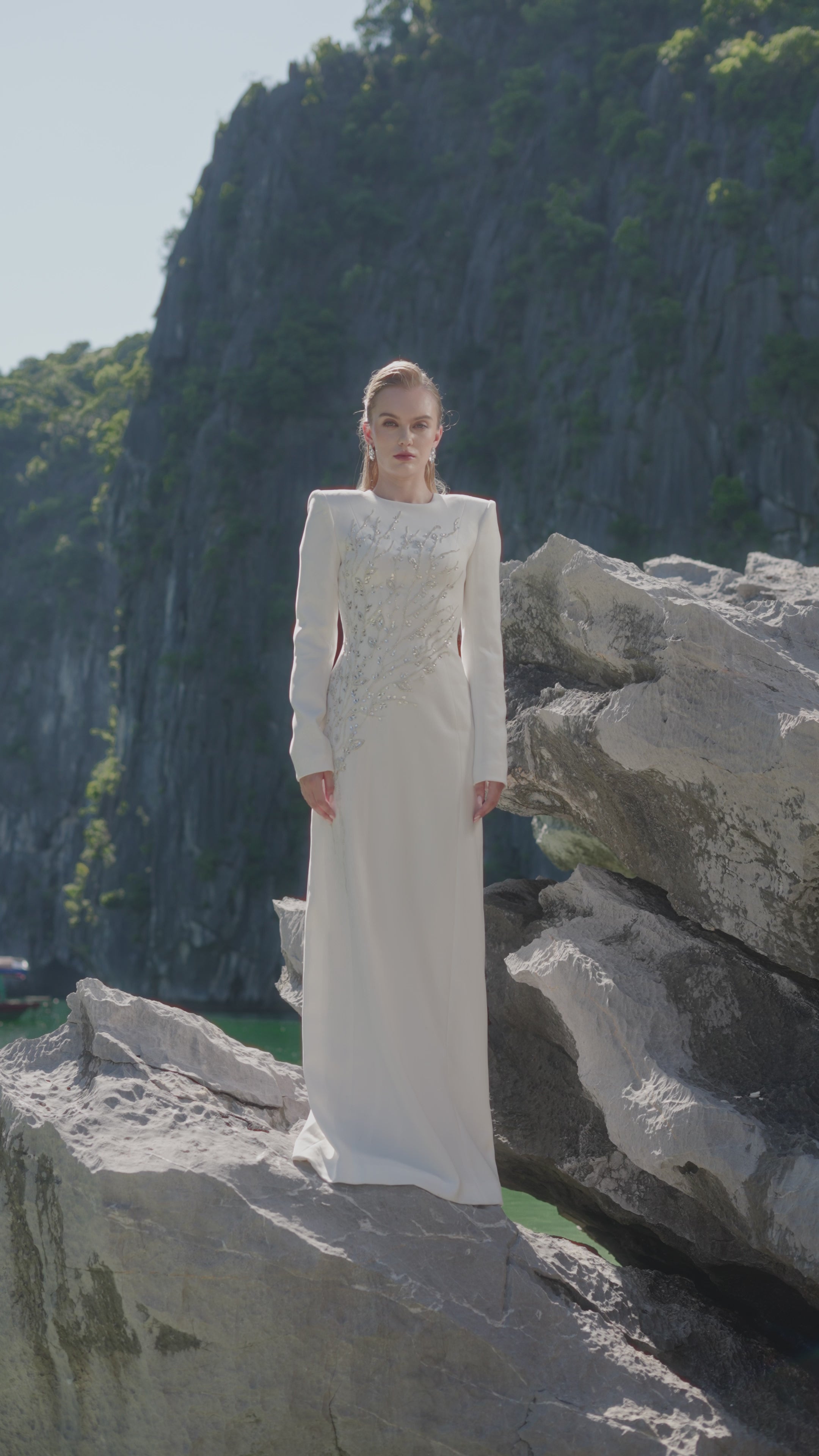 Padded Shoulder Crystal Embellished Straight Dress