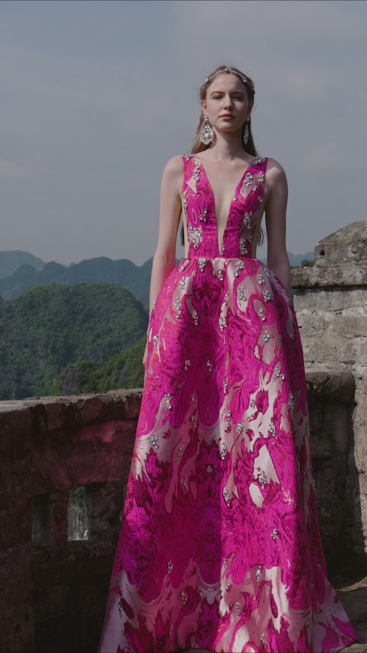 See-Through V-Chest Stone Embellished Dress