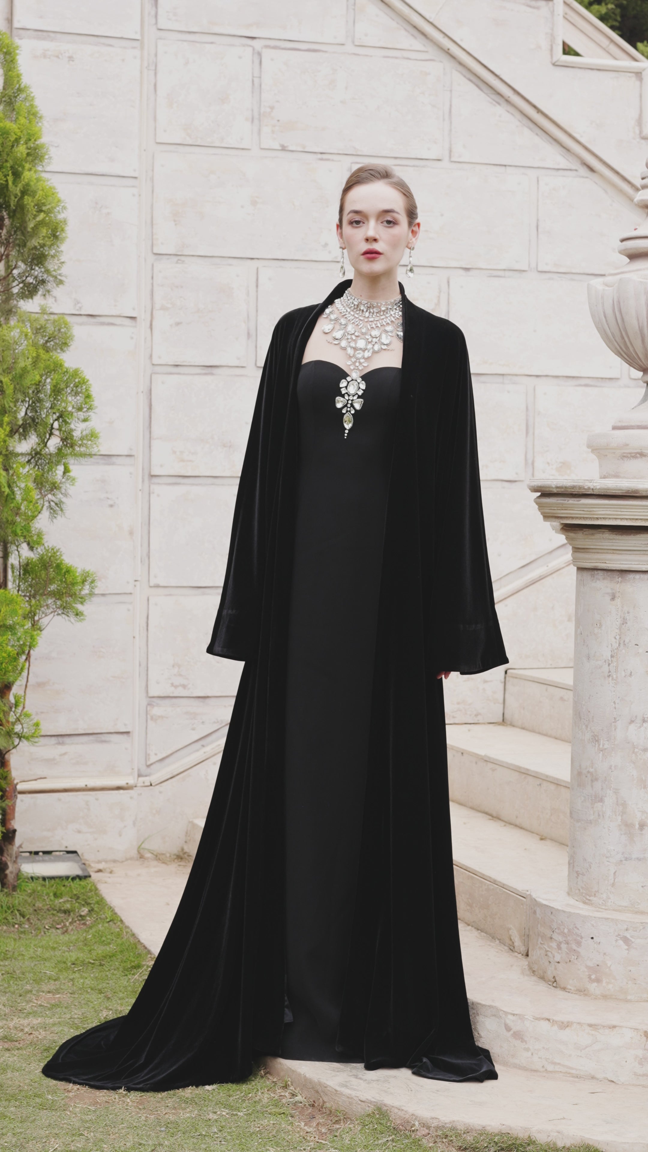 Flared Velvet Cape With Crystal-Embellished Shoulder Dress Set