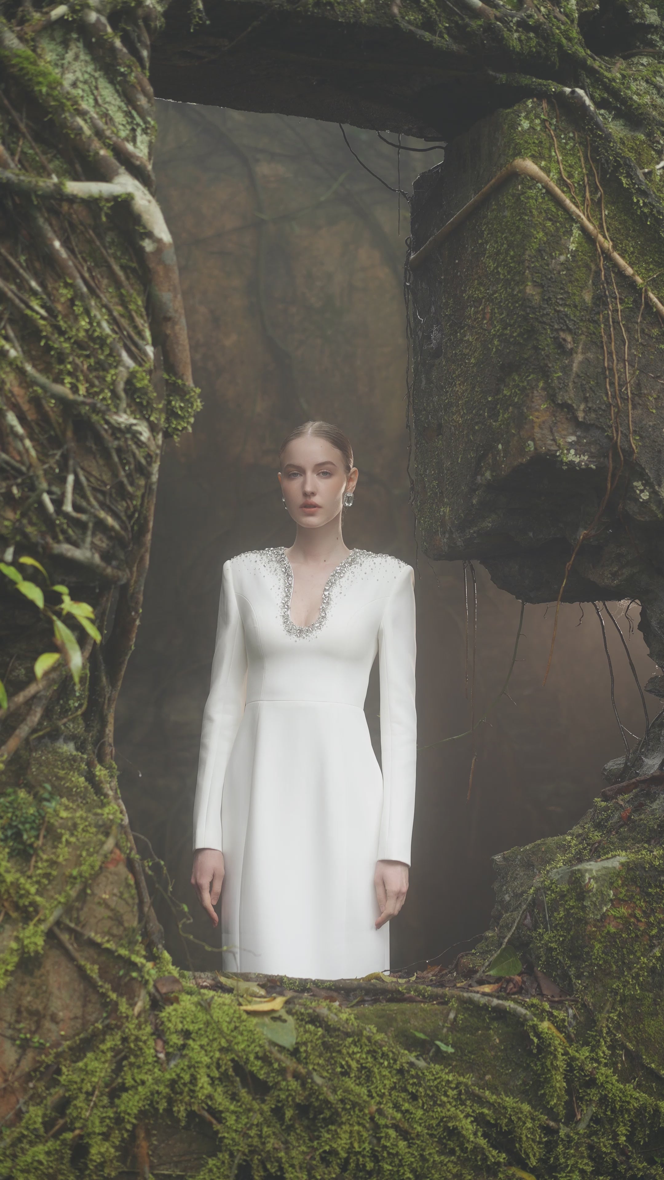 Crystal-Embellished Curved Neck Dress