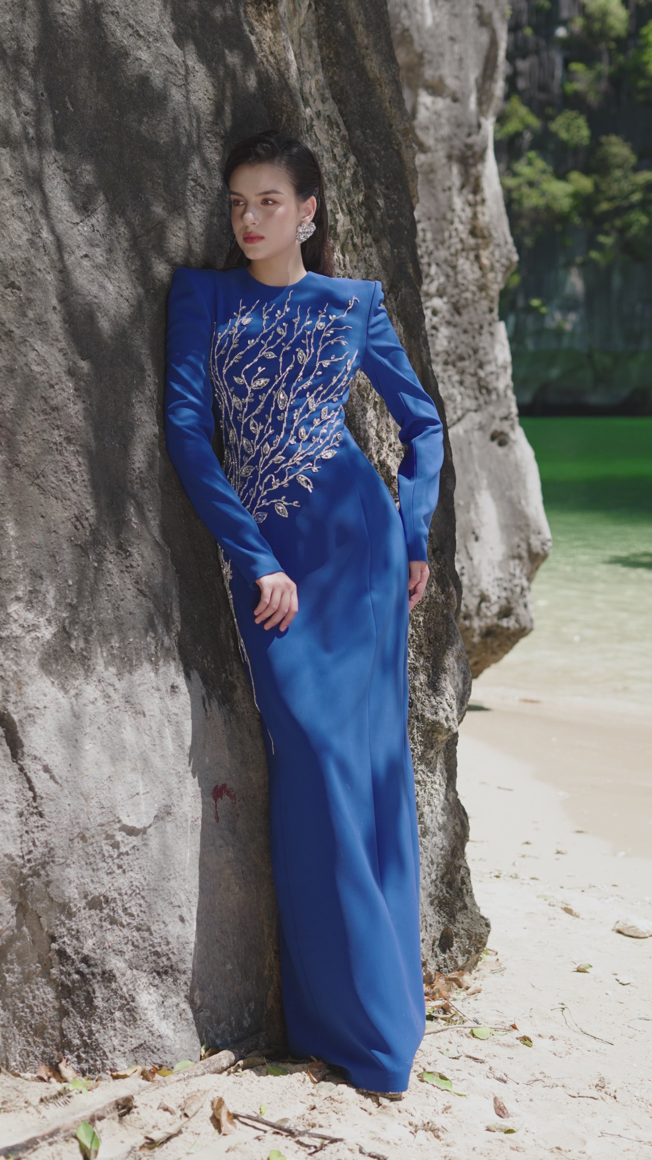 Padded Shoulder Crystal Embellished Straight Dress