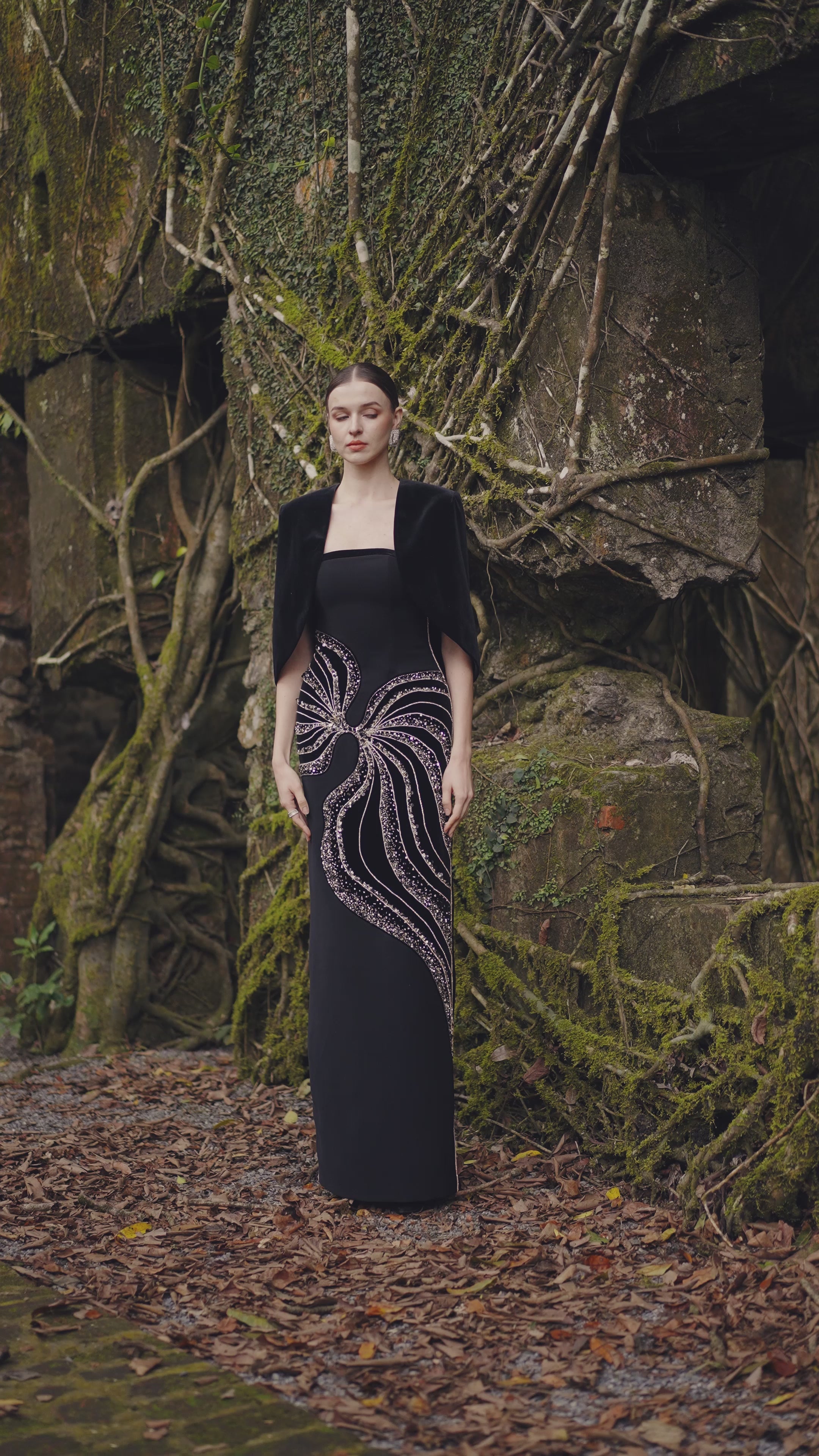 Curved Flap Short Cape With Crystal Embellished Straight Dress Set