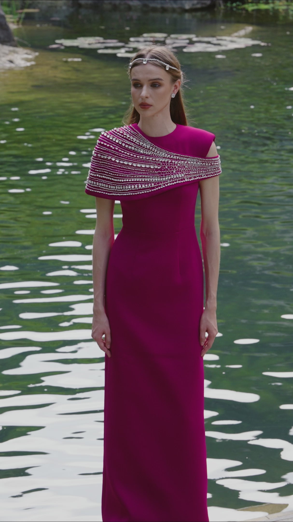 Stone Embellished Asymmetric Cape Straight Dress Set