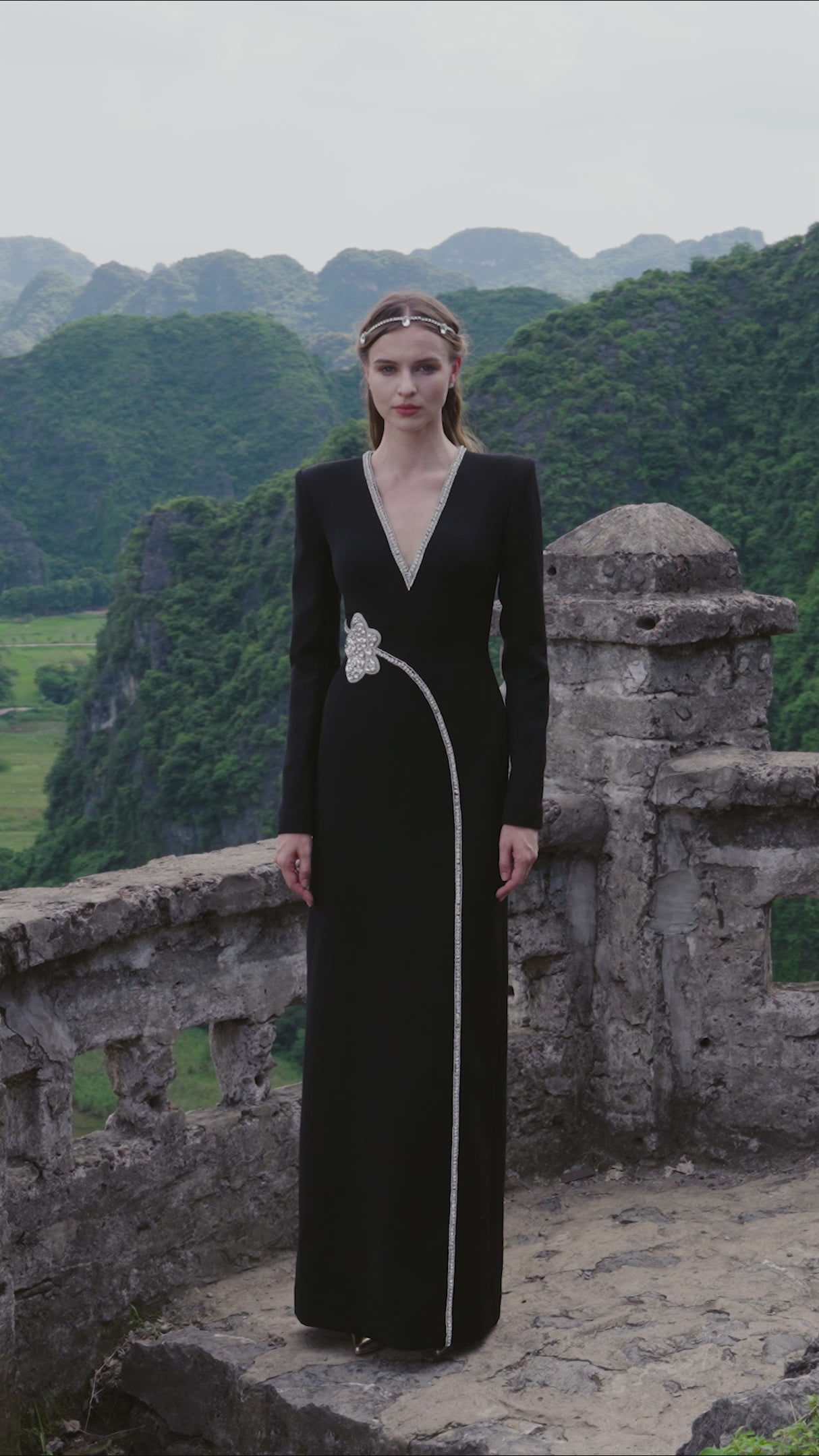 Stone Orchid Embellished V-Neck Dress