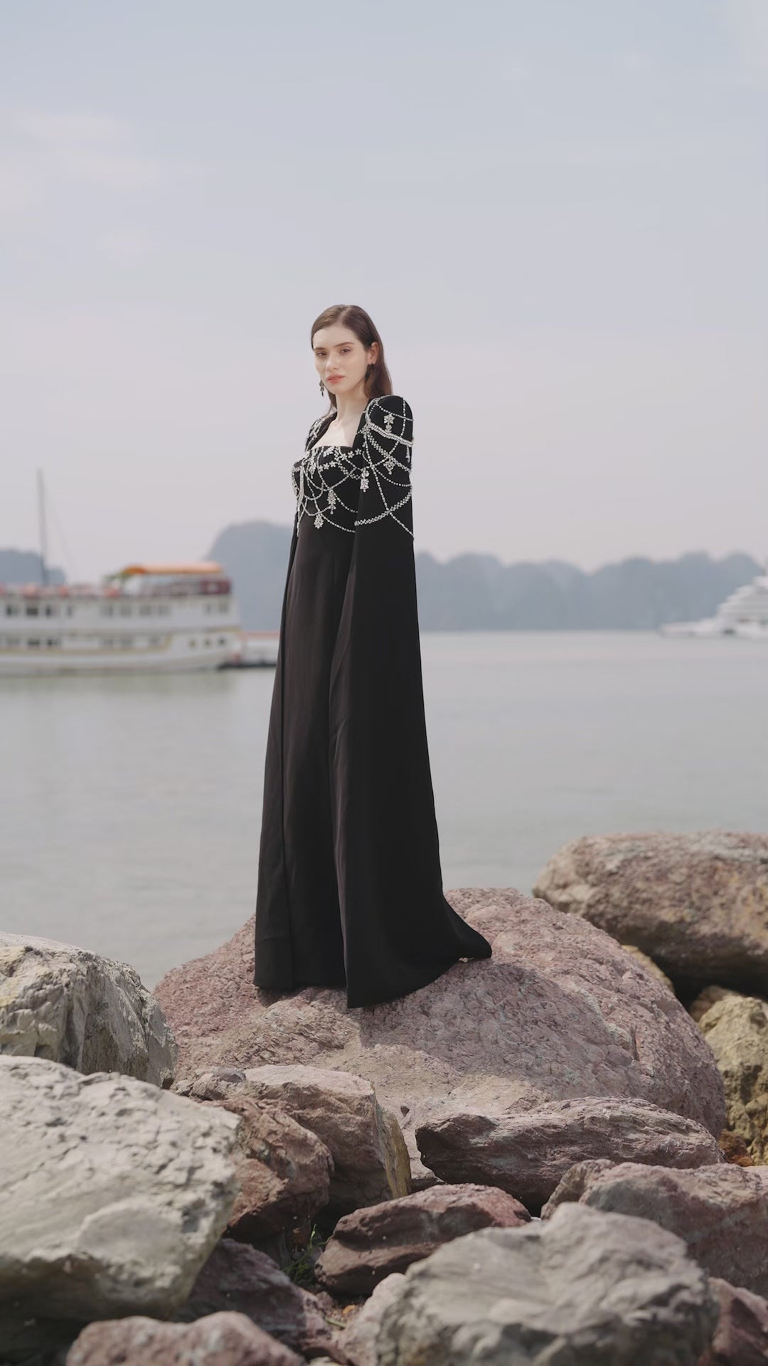 Wavy Crystalline Long Cape Sleeves Dress