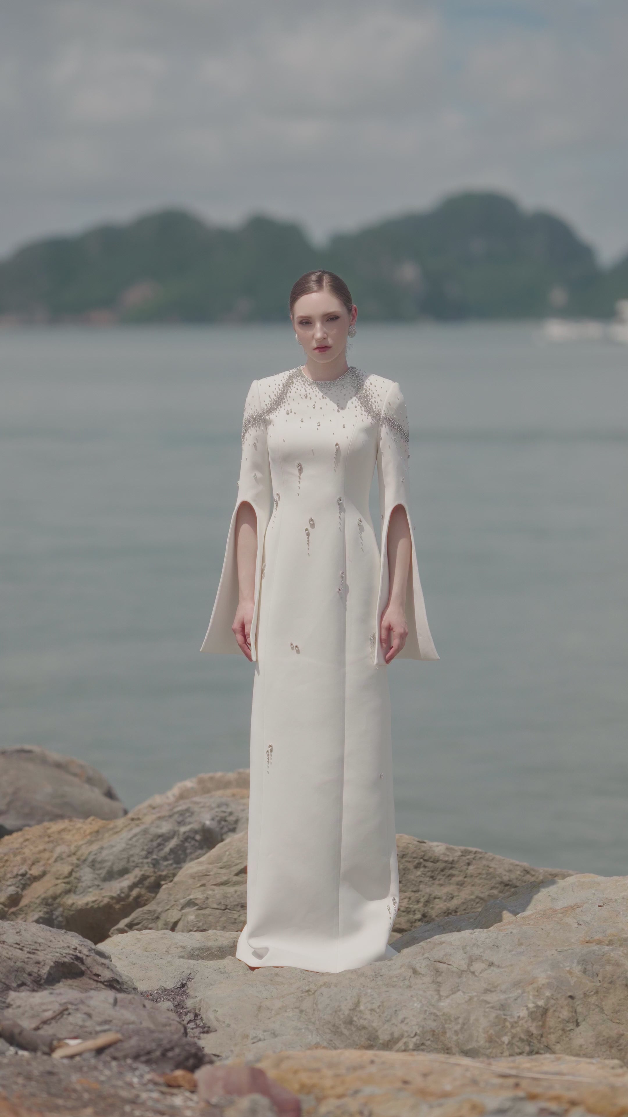 Flared Sleeves Crystal Embellished Dress