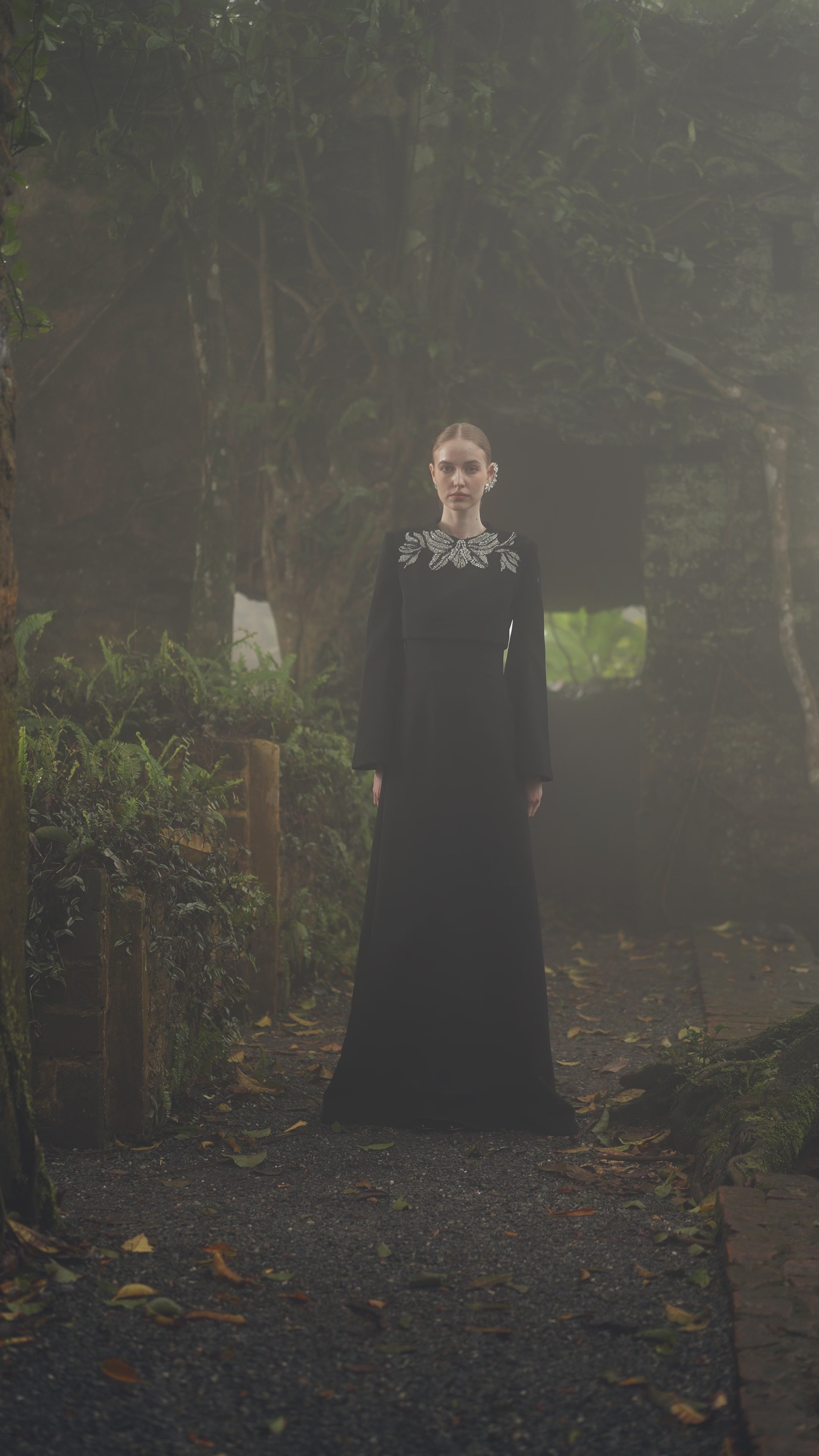 Long Flared Sleeve Cropped Top With Strapless A-line Dress Set