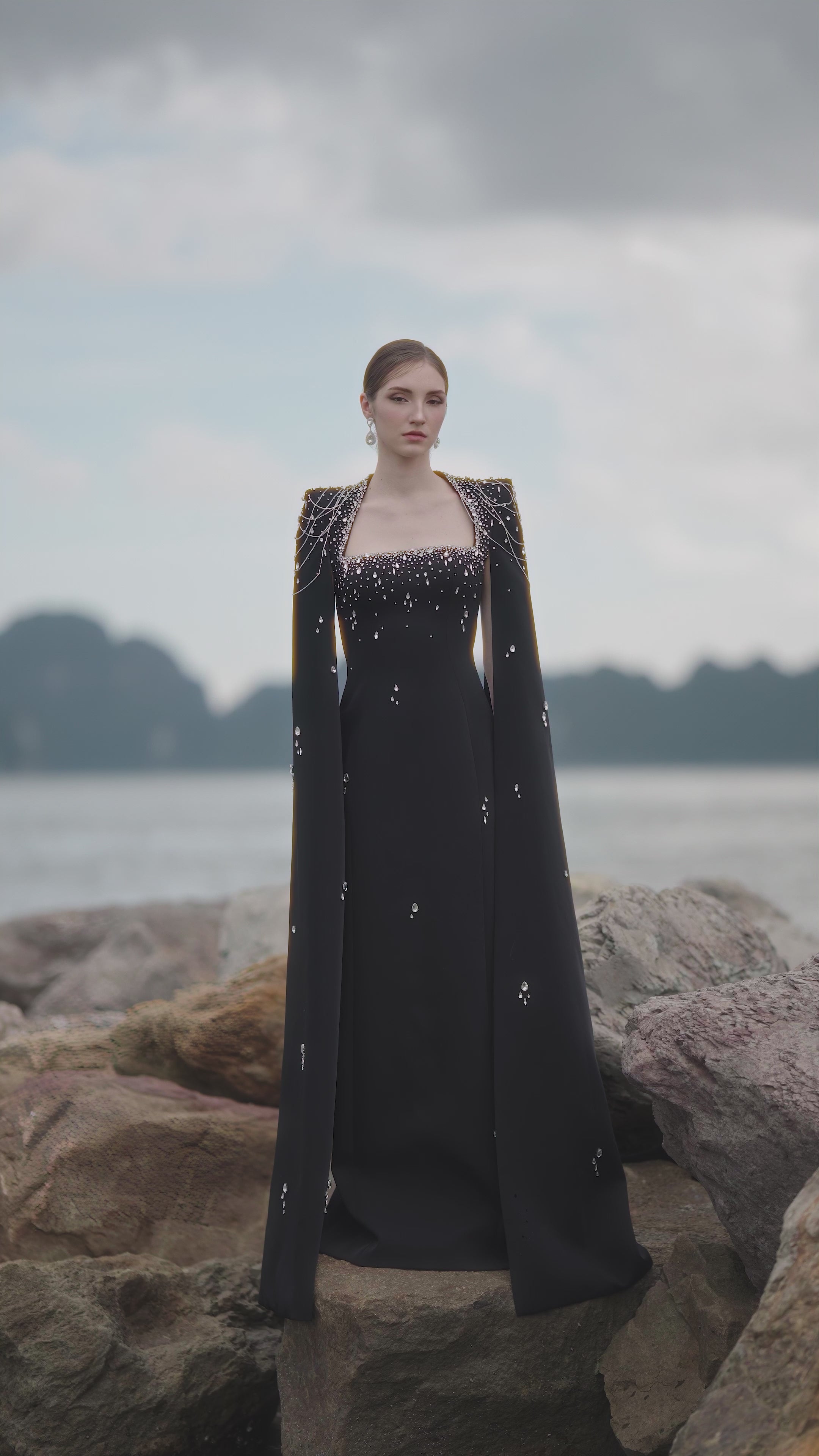 Long Cape Sleeves Glow Stone Dress