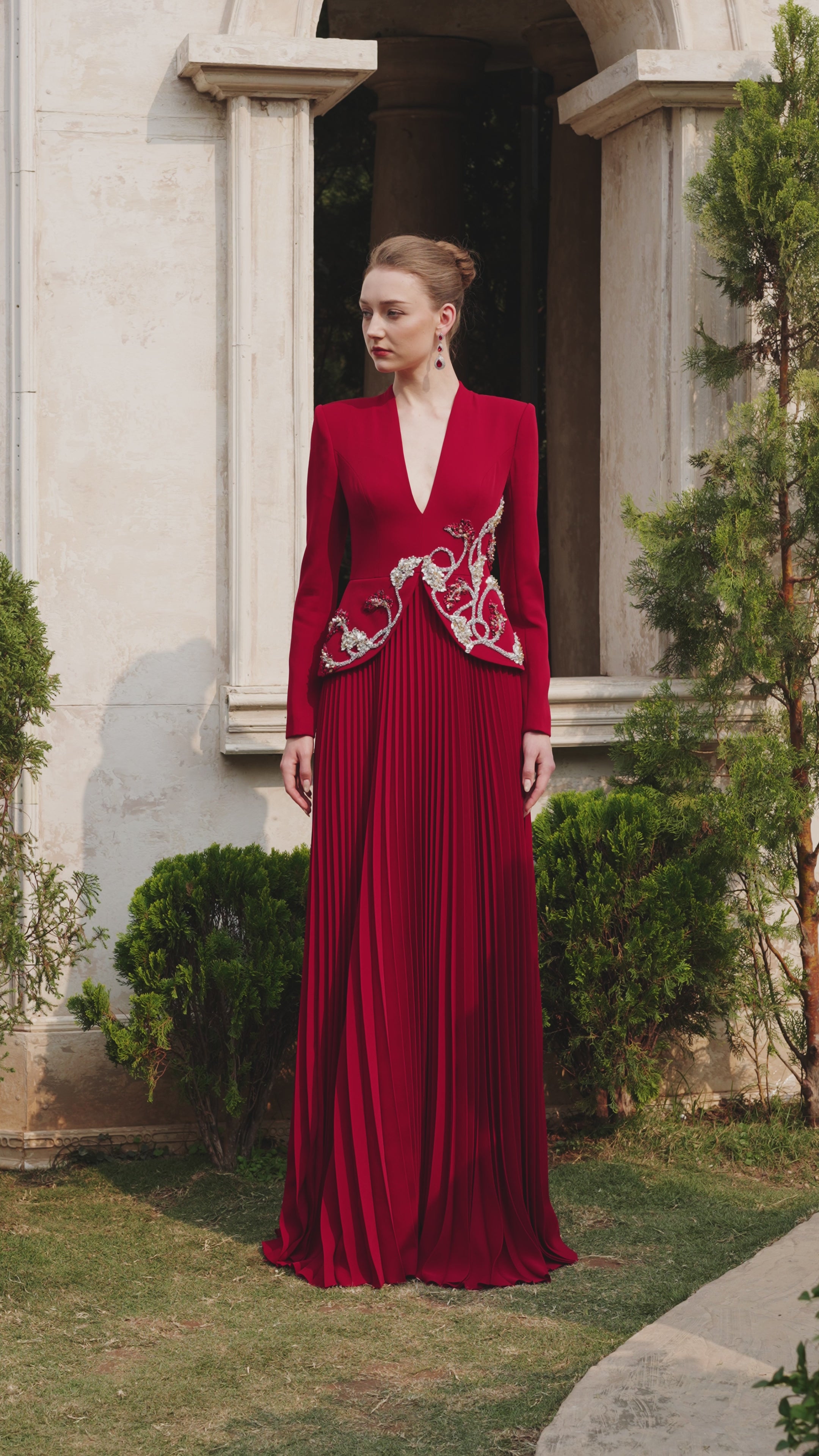 V-Neck Long Sleeves Flared Pleated Dress