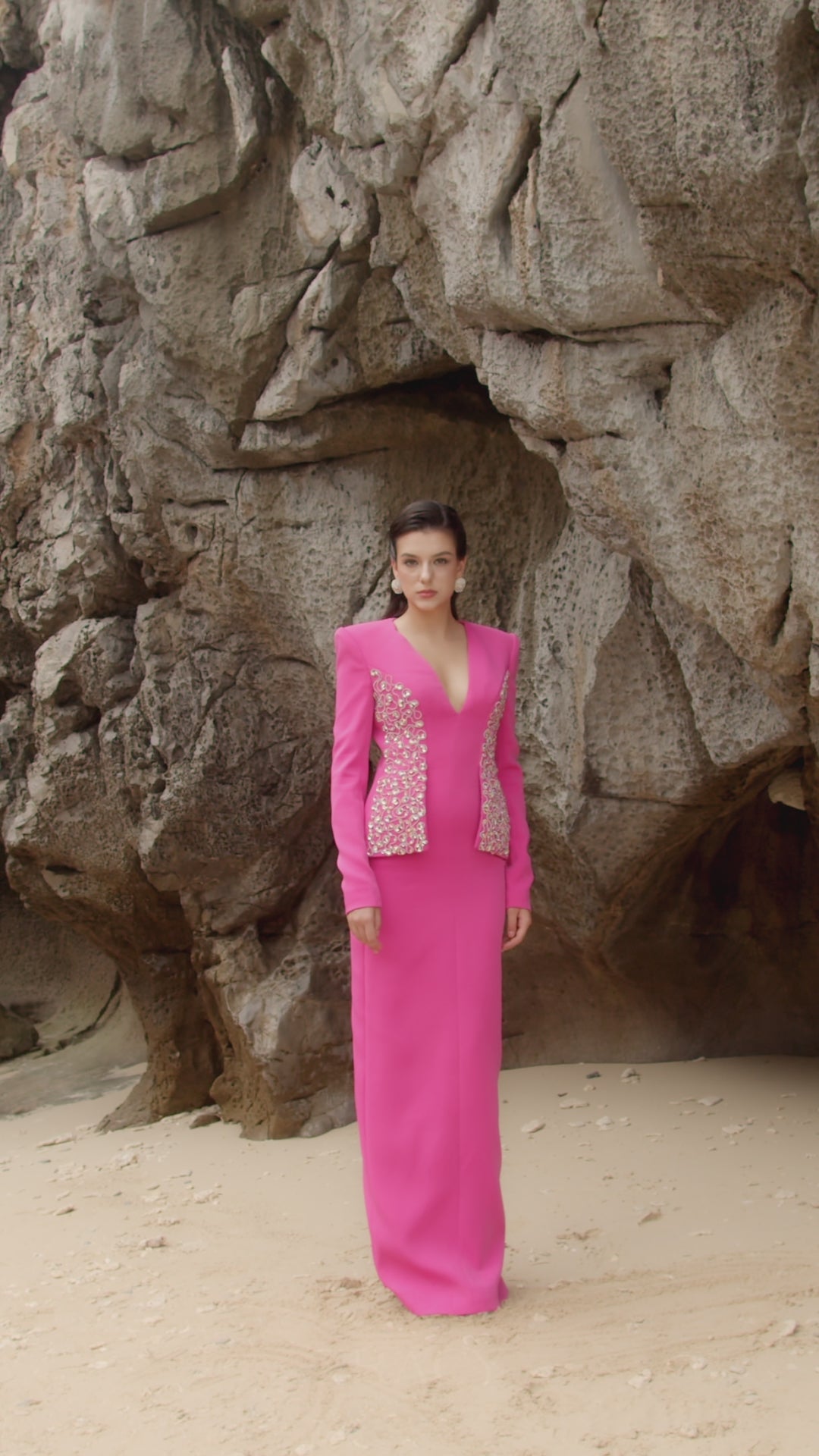 Deep V-Neck Crystal Embellished Flap Straight Dress