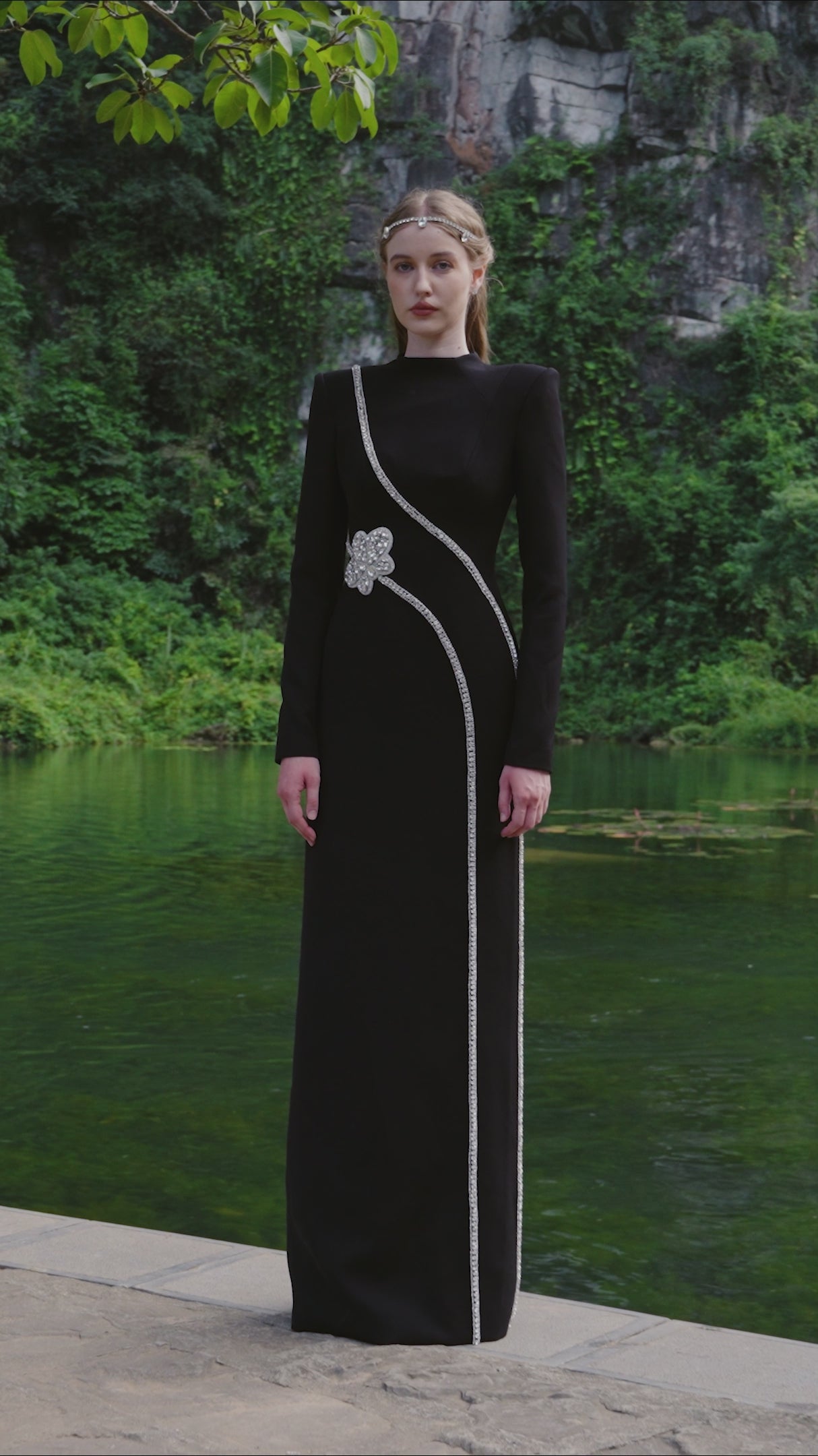 Stone Embellished Padded Shoulder Dress