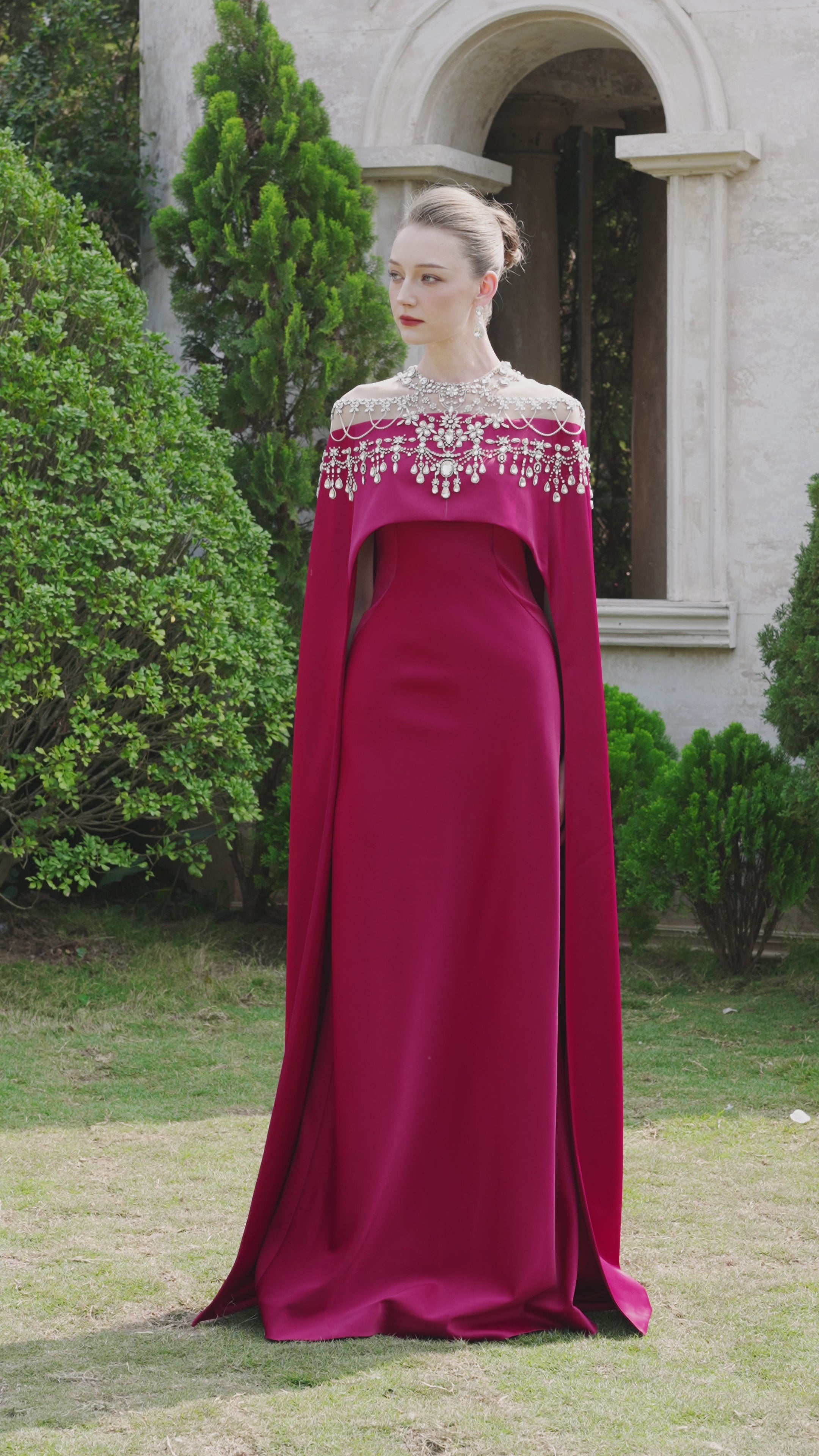 Crystal-Embellished See-Through Shoulder Long Flap Dress