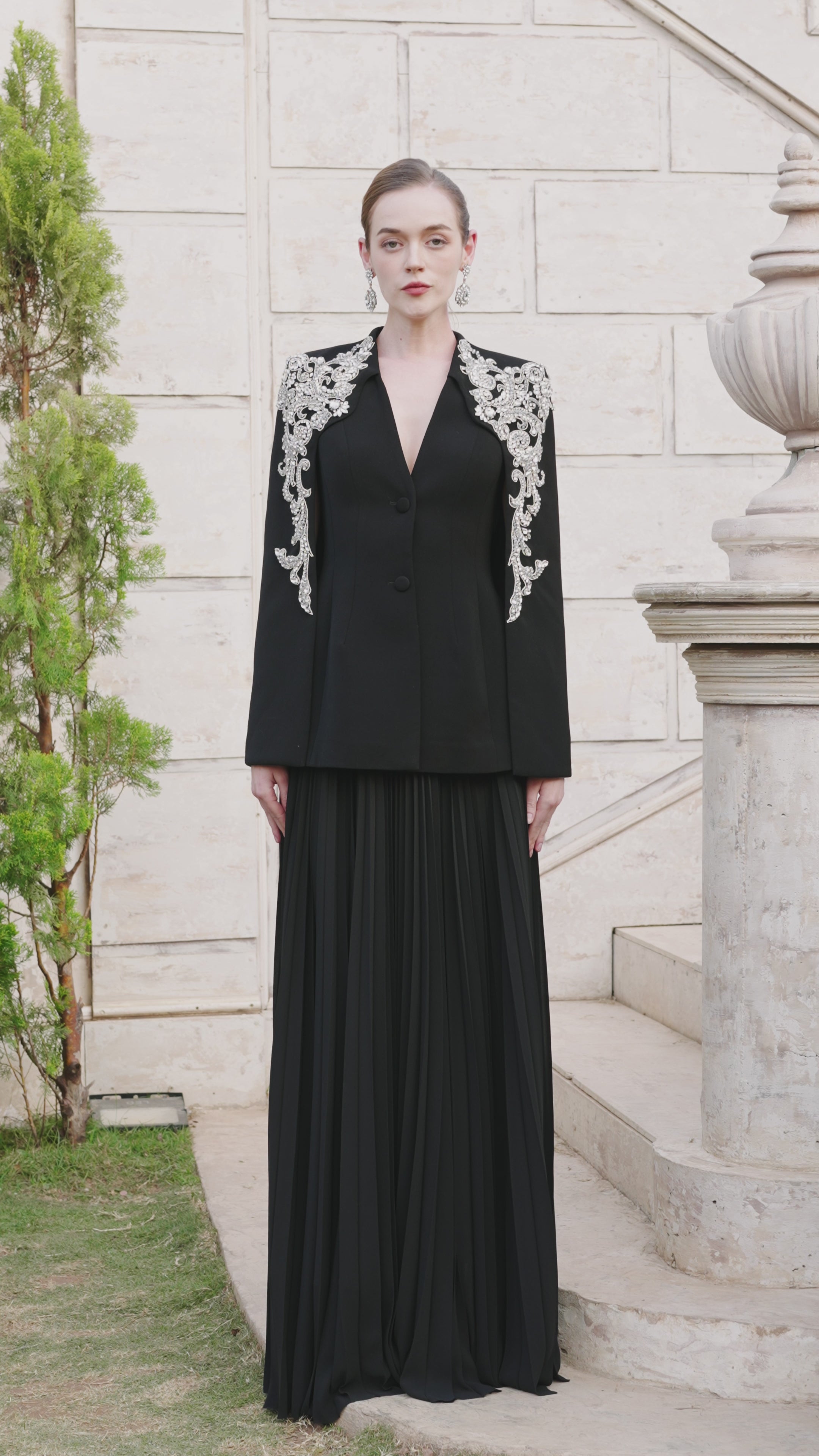 Collarless 3D Crystal-Embellished Blazer With Gathered Skirt Set