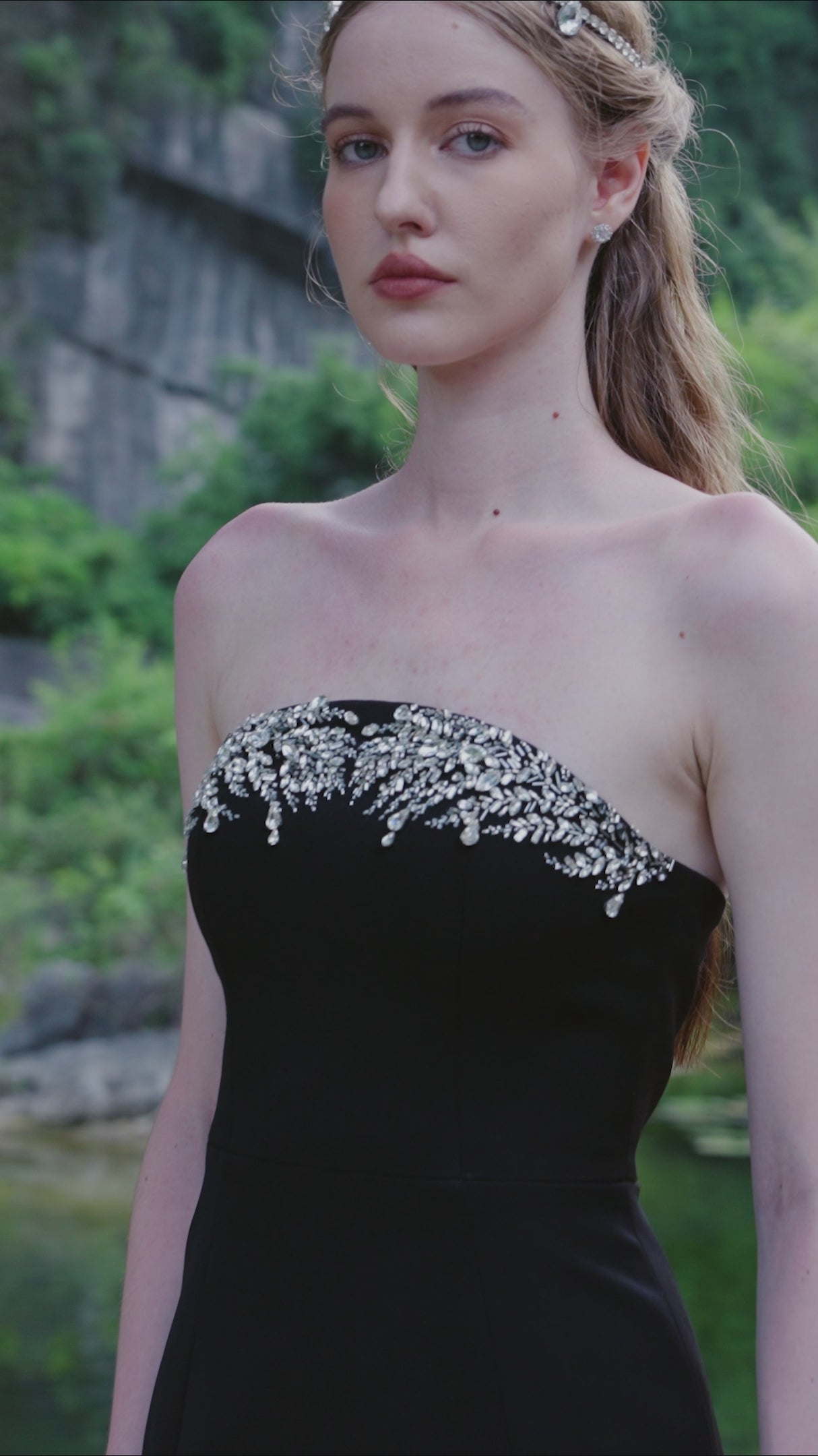 Stone Embellished Cross Over Cape  With Back Slit Floor Length Dress Set