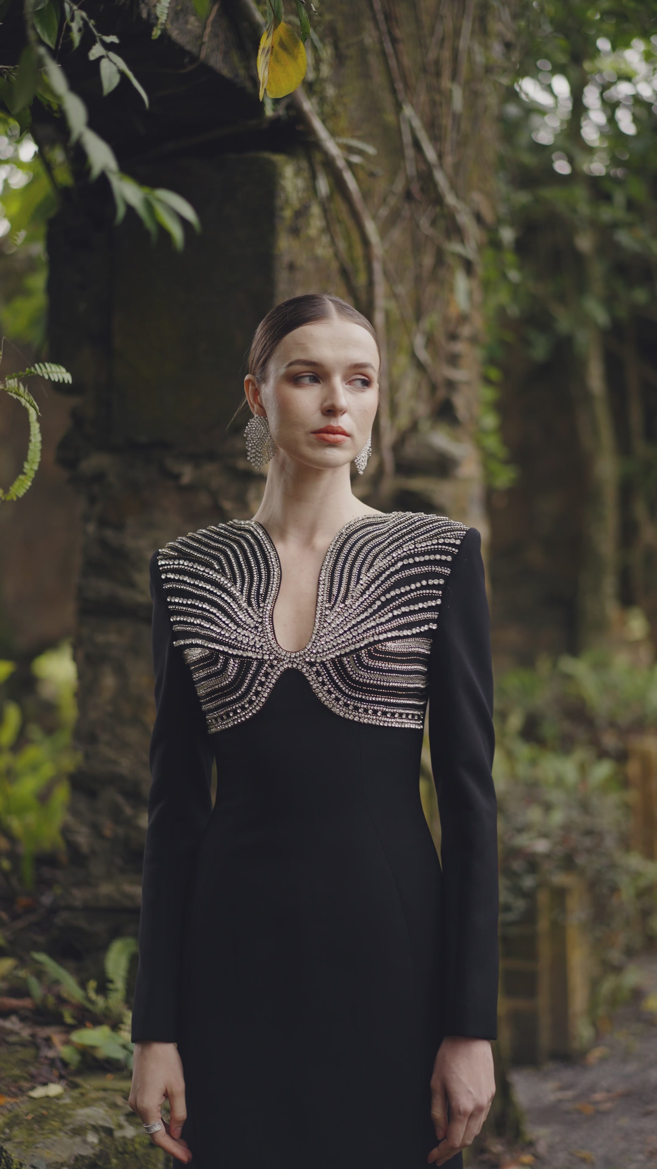 Long Sleeve Crystal Embellished Chest Dress