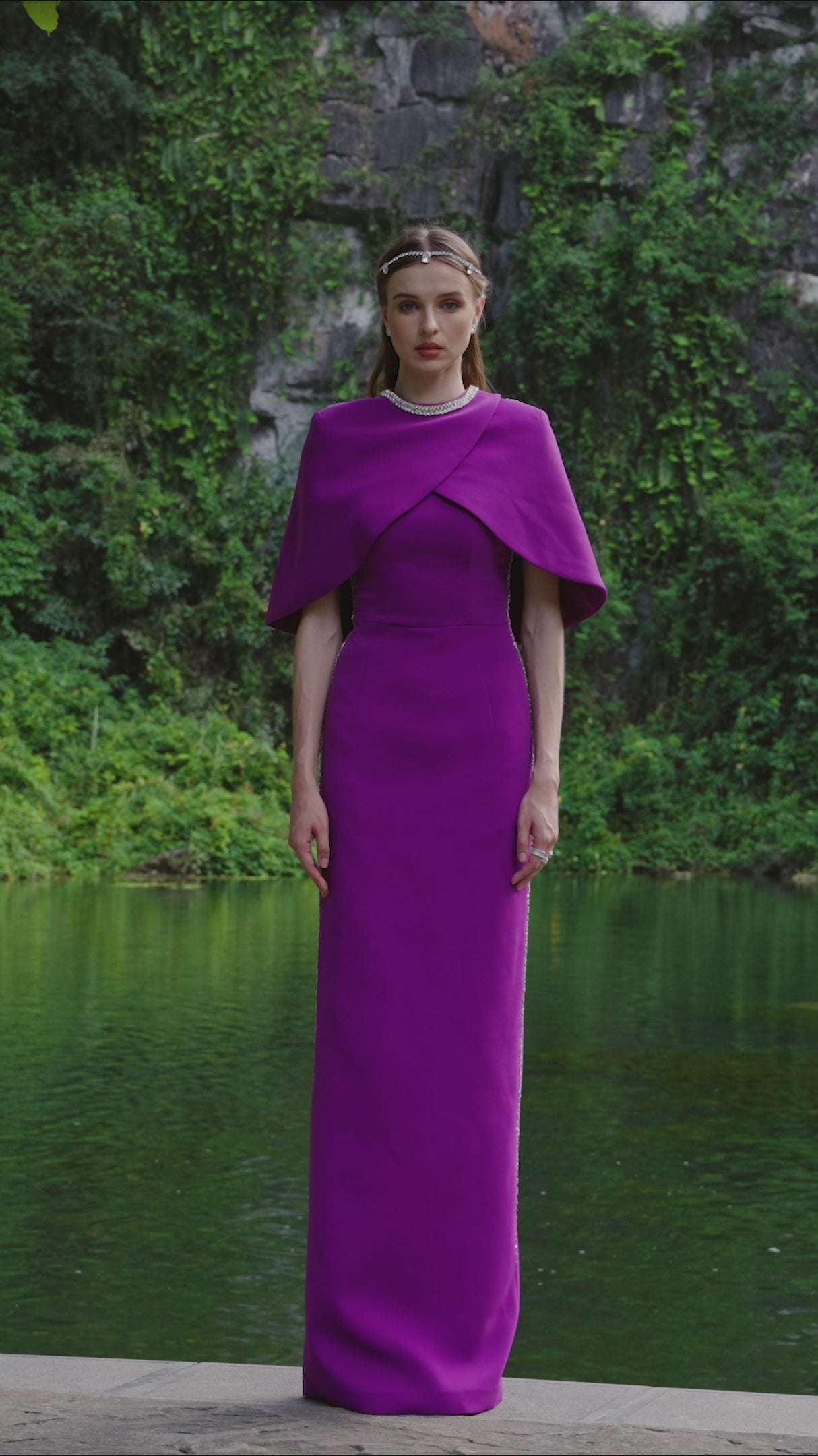 Cross Over Cape With Sides Stone Embellishments Line Dress Set