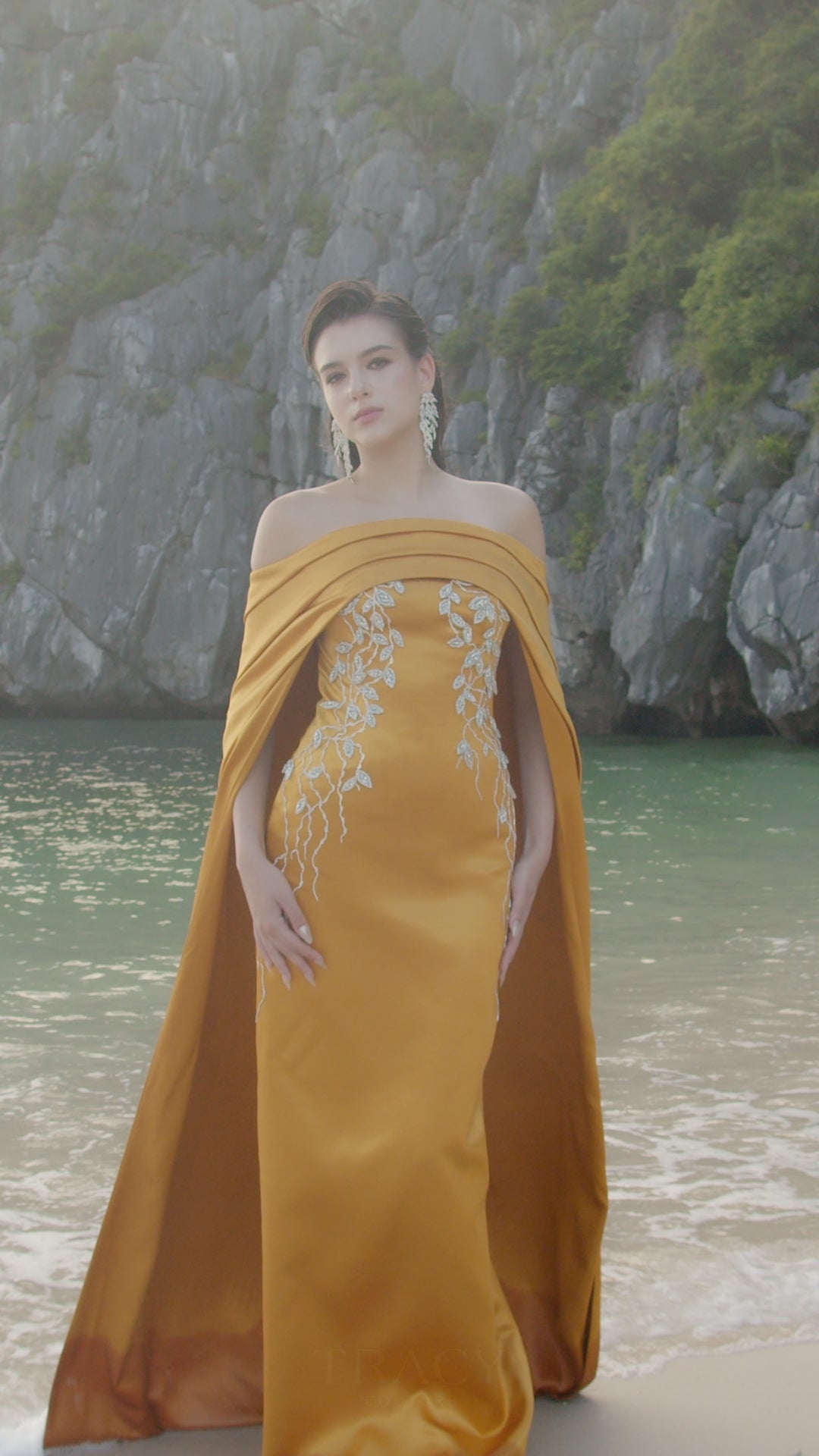 Curved Draped Off Shoulder With Long Sleeve Cape Dress