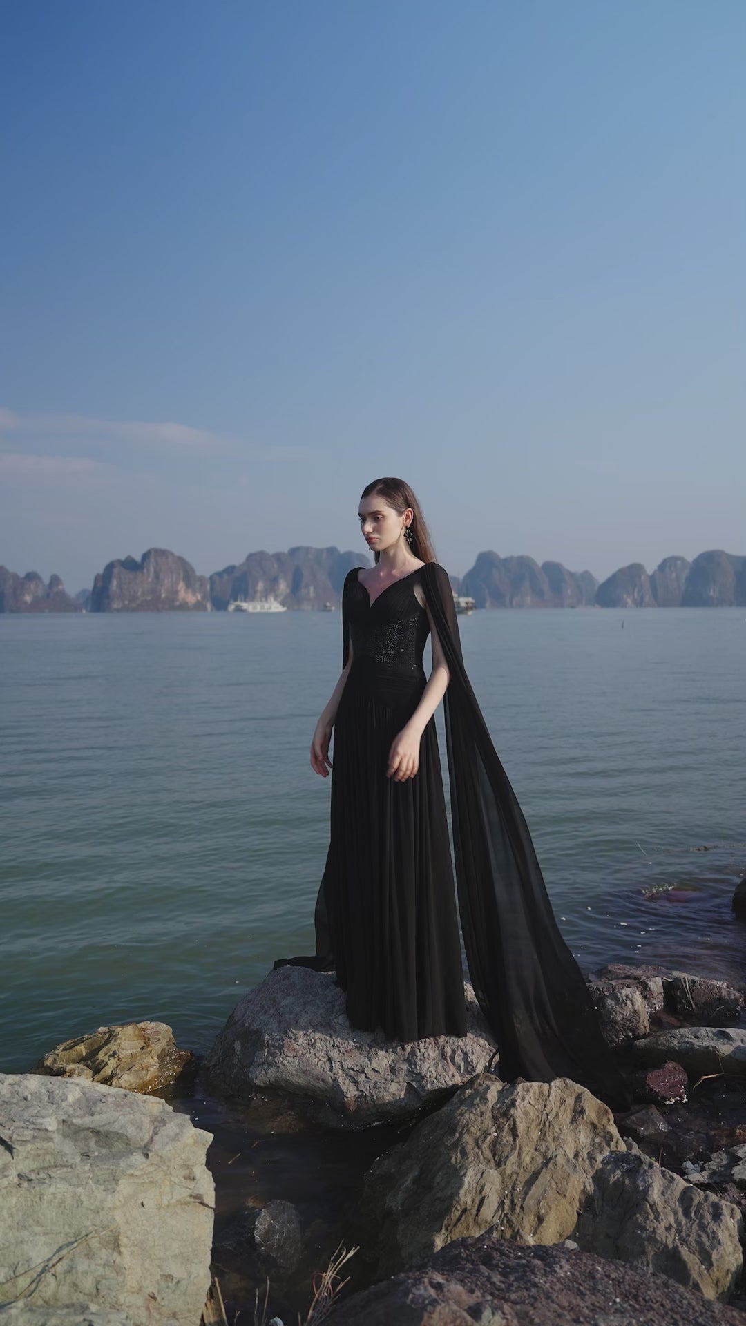 Stylized Neckline Wavy Flowing Cape Sleeves Dress