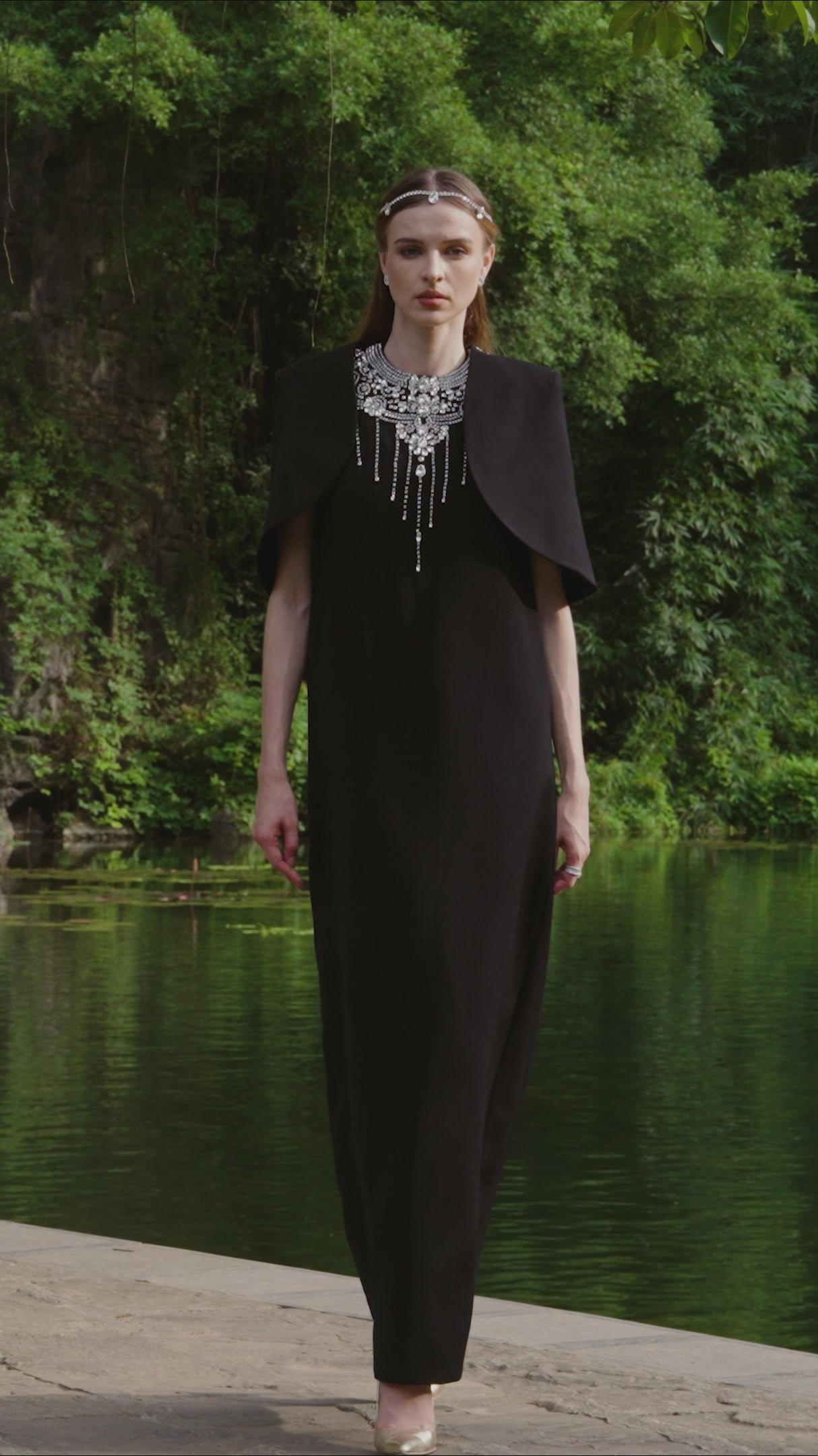 Cropped Curved Cape With Stone Embellished Straight Dress Set