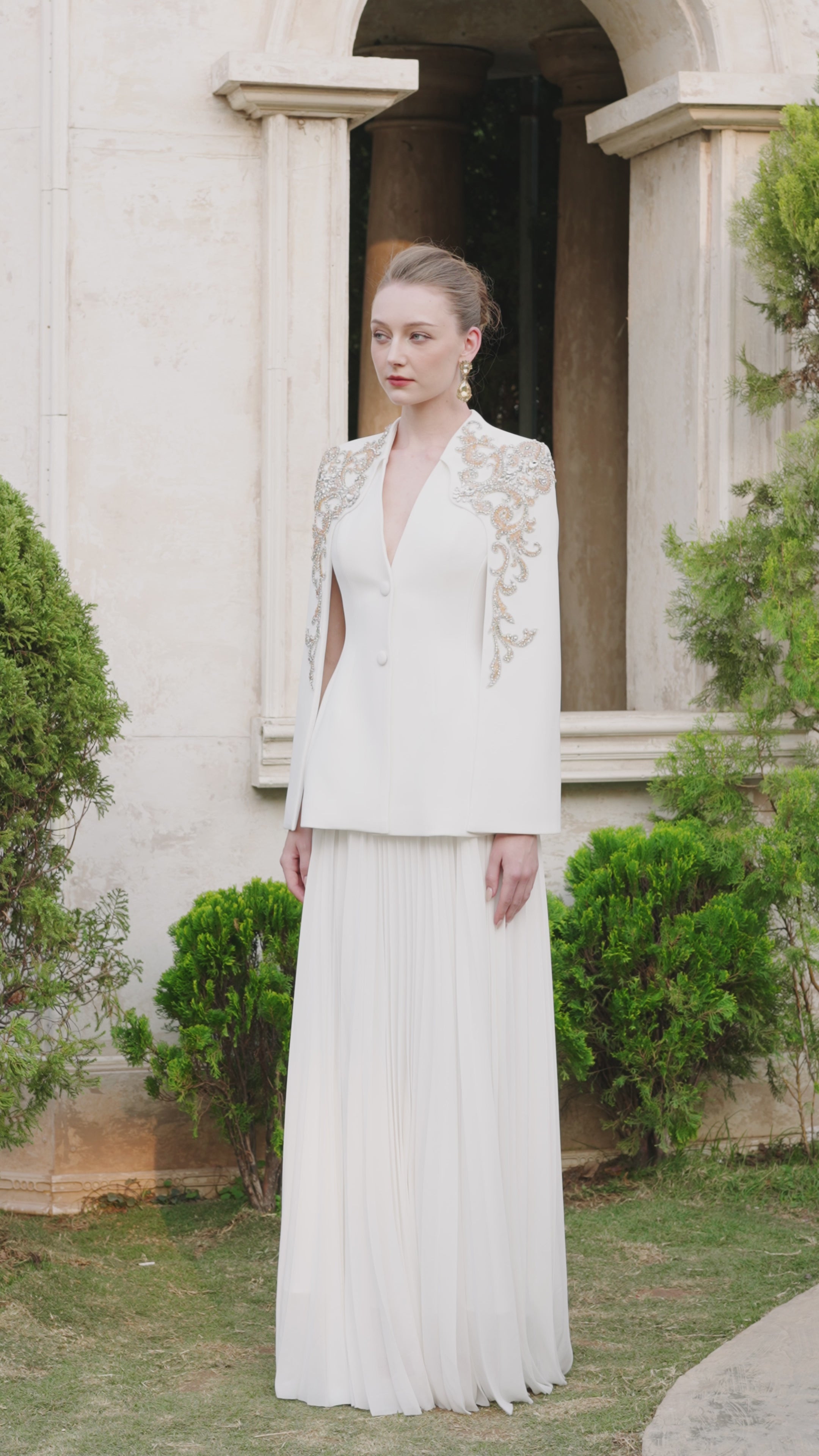 Collarless Cape Sleeve Blazer With Flared Gathered Skirt Set