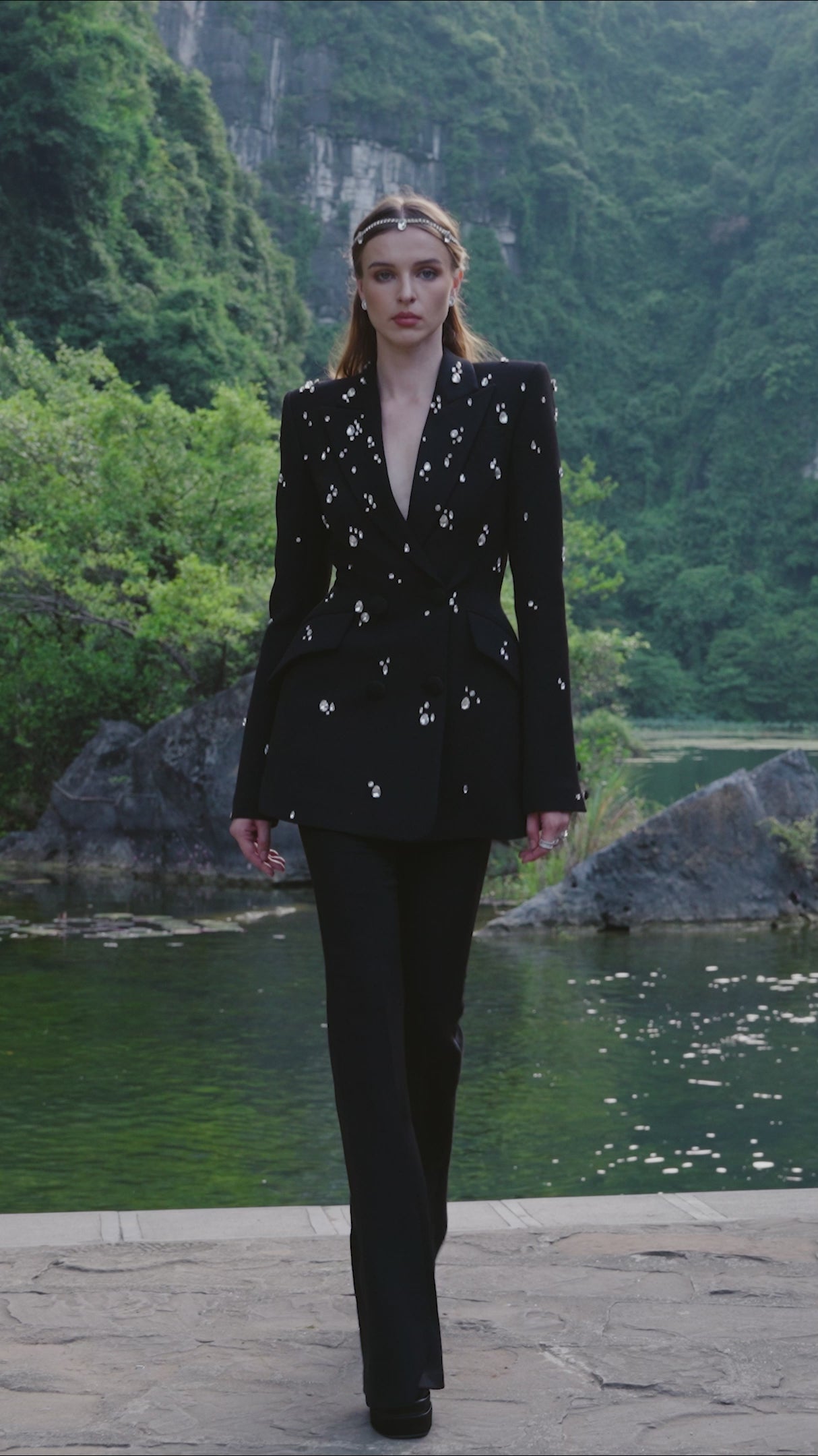 Stone Embellishments Blazer With Straight Trousers Set