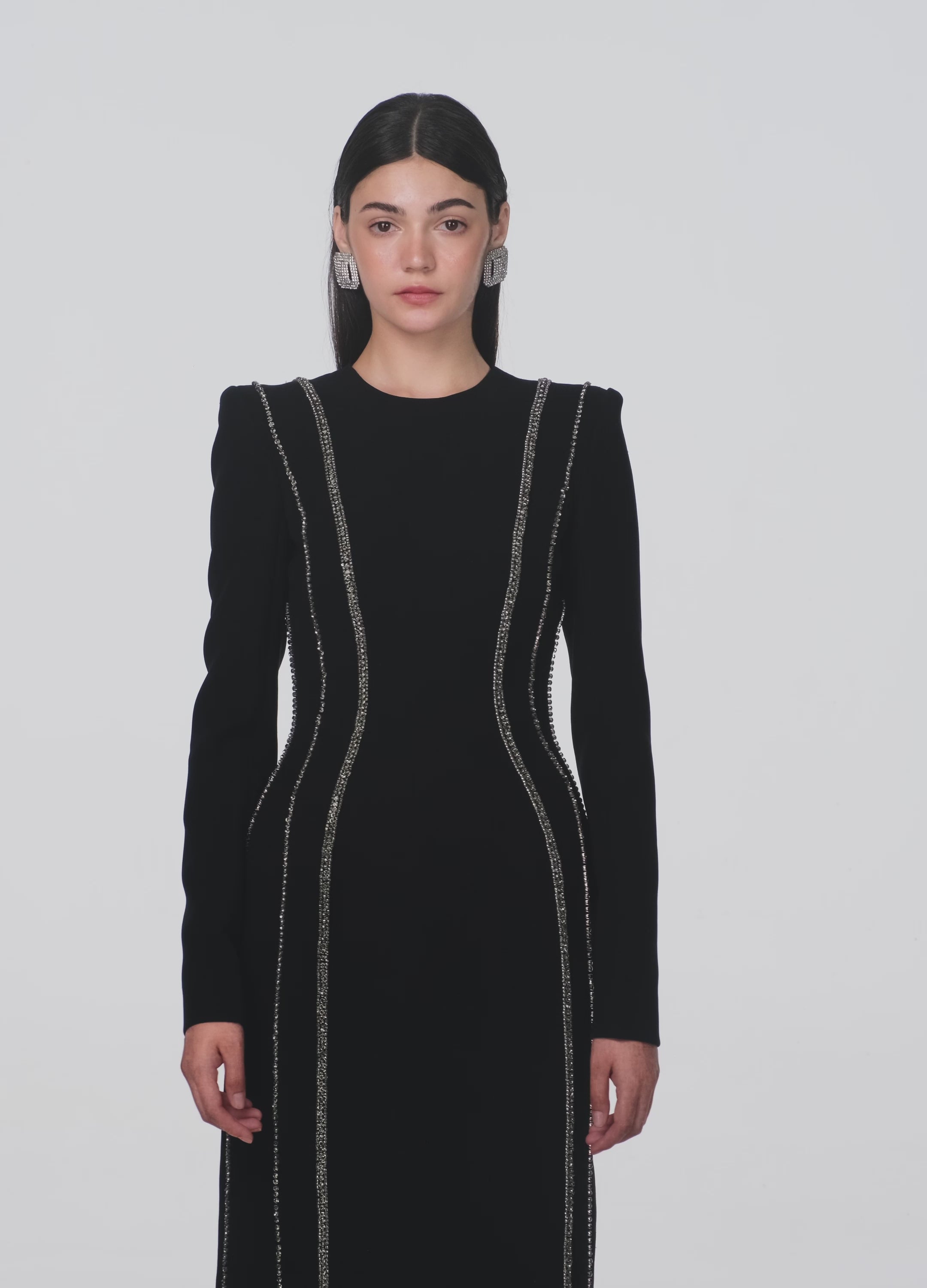 Crystal Embellished Long Sleeve Bodycon Midi Dress