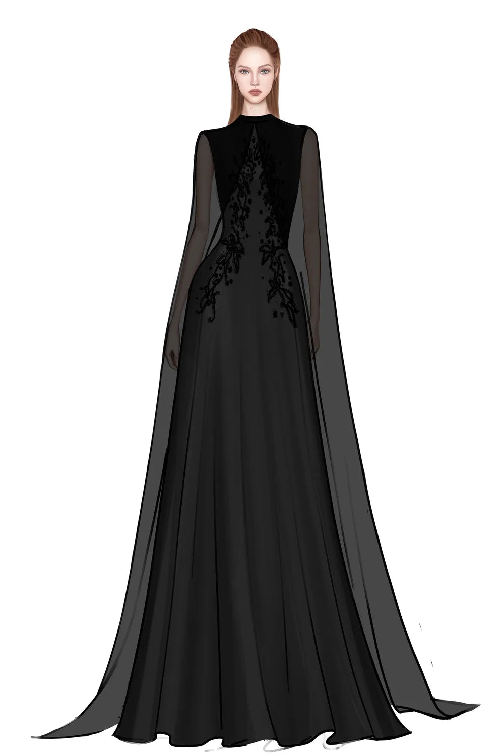 Long See-Through Cape Flared Dress  TRACY COUTURE