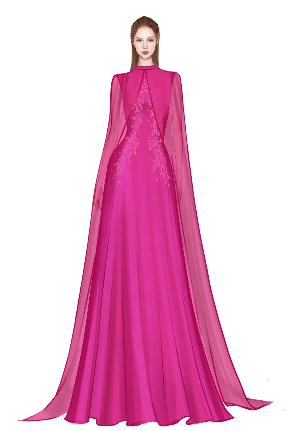 Long See-Through Cape Flared Dress – TRACY COUTURE