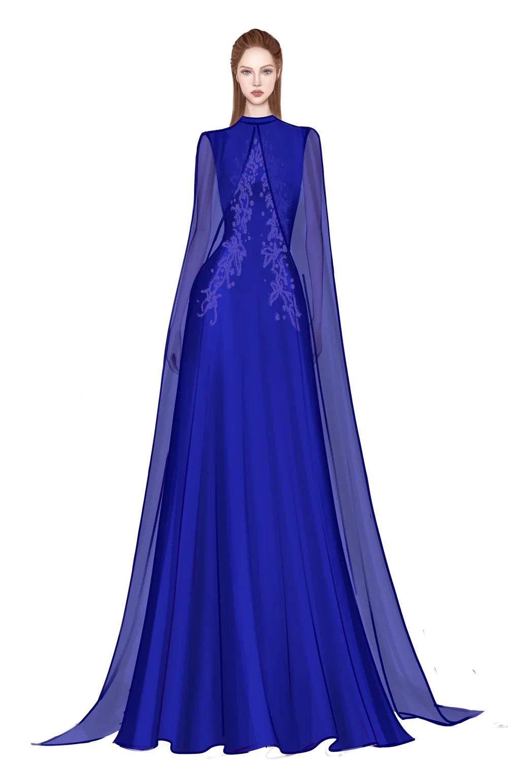 Long See-Through Cape Flared Dress – TRACY COUTURE