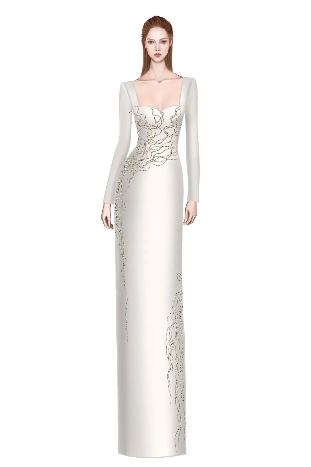 Queen Anne Neckline Crystal Embellished Dress - TRACY COUTURE