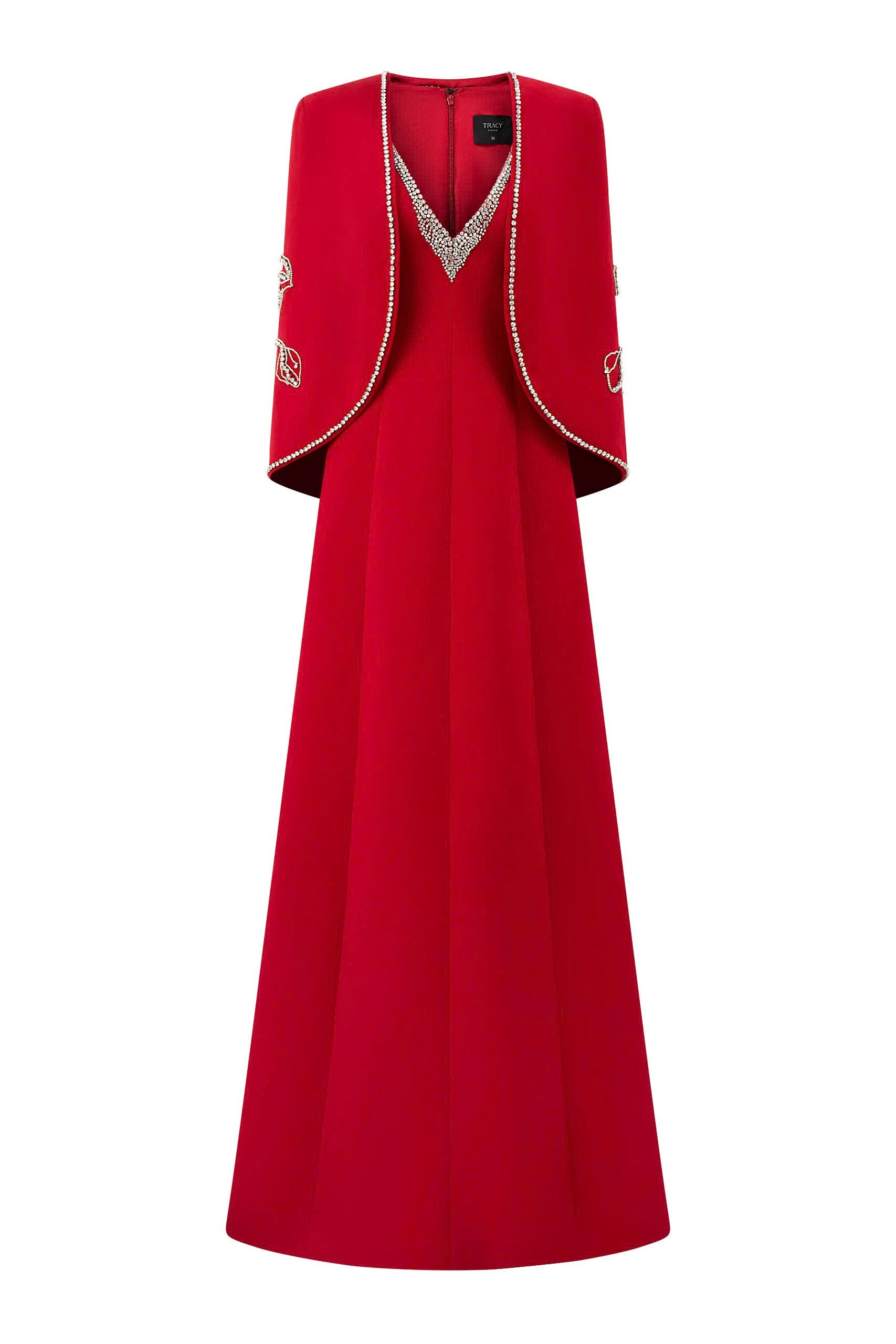 Back Orchid Crystal Embellished Cape With Crystal V-Neck A-line Dress Set