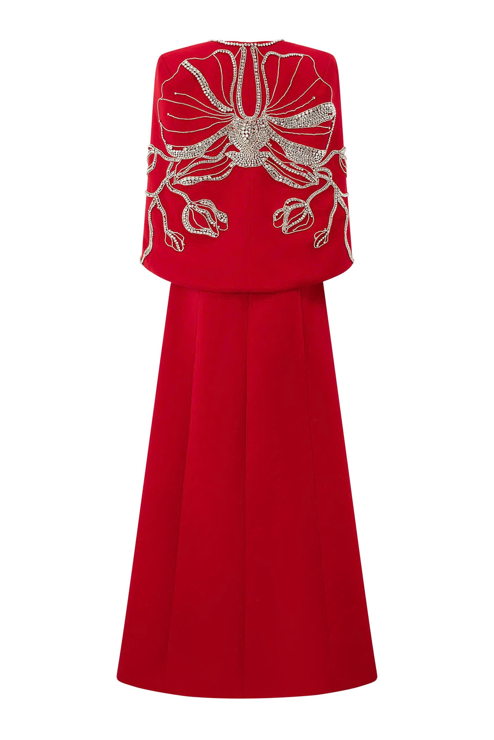 Back Orchid Crystal Embellished Cape With Crystal V-Neck A-line Dress Set