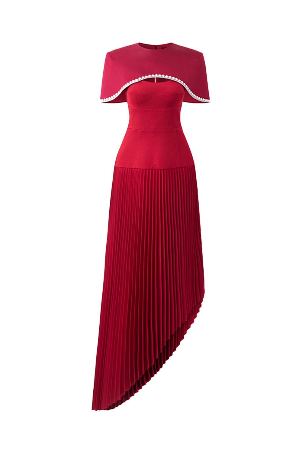 Strapless Asymmetric Pleated Dress And Stone Embellished Cape Set