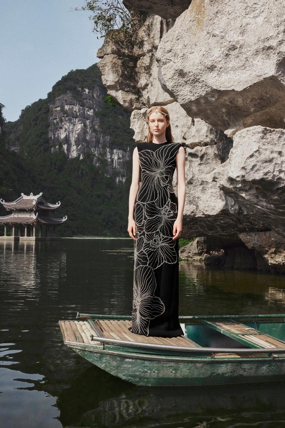 Sleeveless Orchid Crystal Patterned Dress - TRACY COUTURE