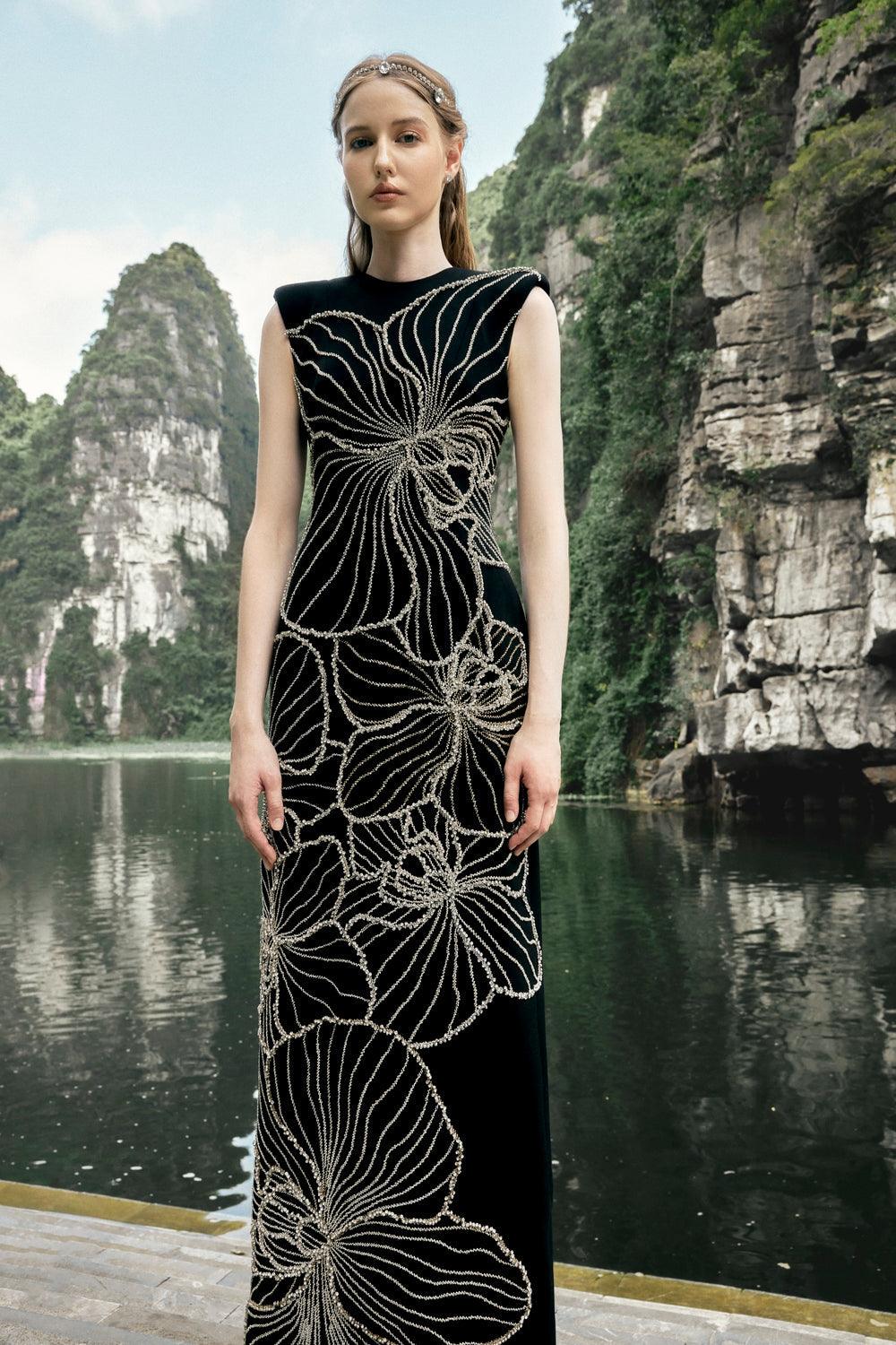 Sleeveless Orchid Crystal Patterned Dress - TRACY COUTURE