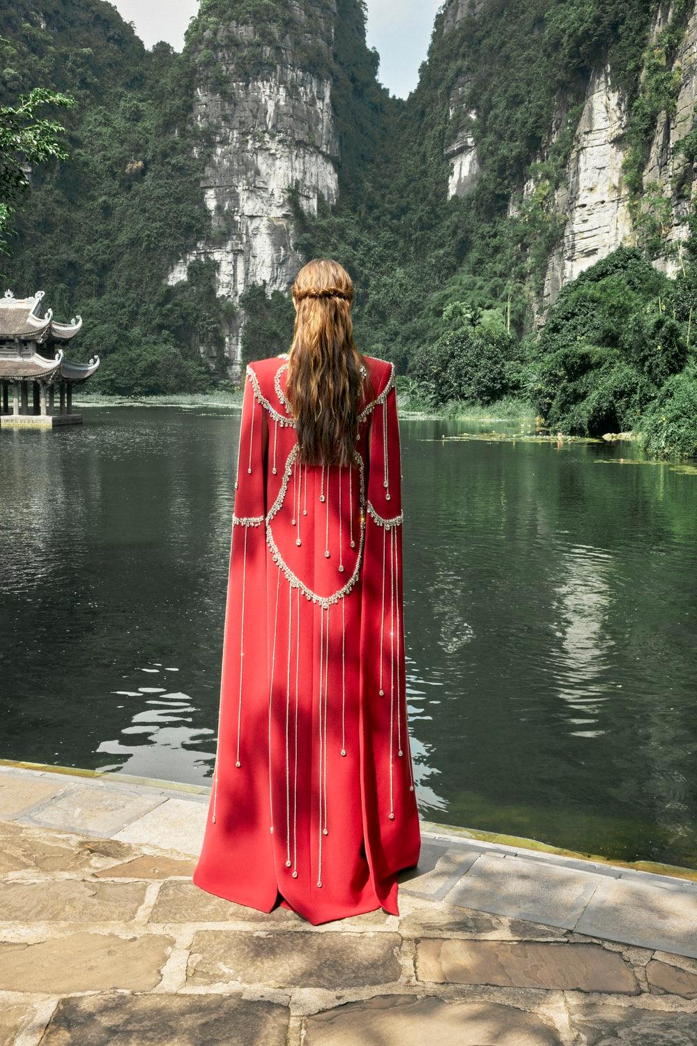 Stone Embellished Floor Length Cape - TRACY COUTURE