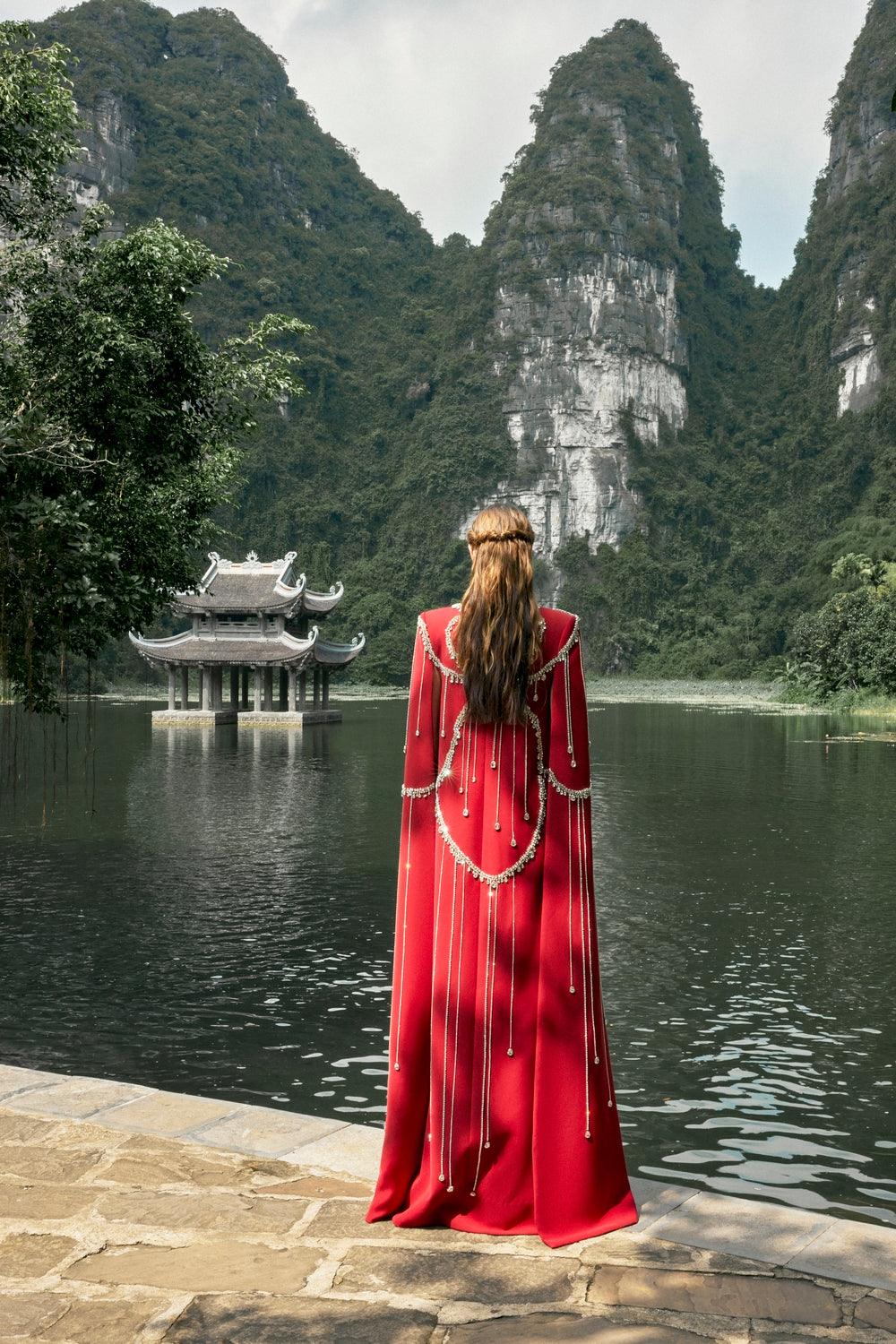 Stone Embellished Floor Length Cape - TRACY COUTURE