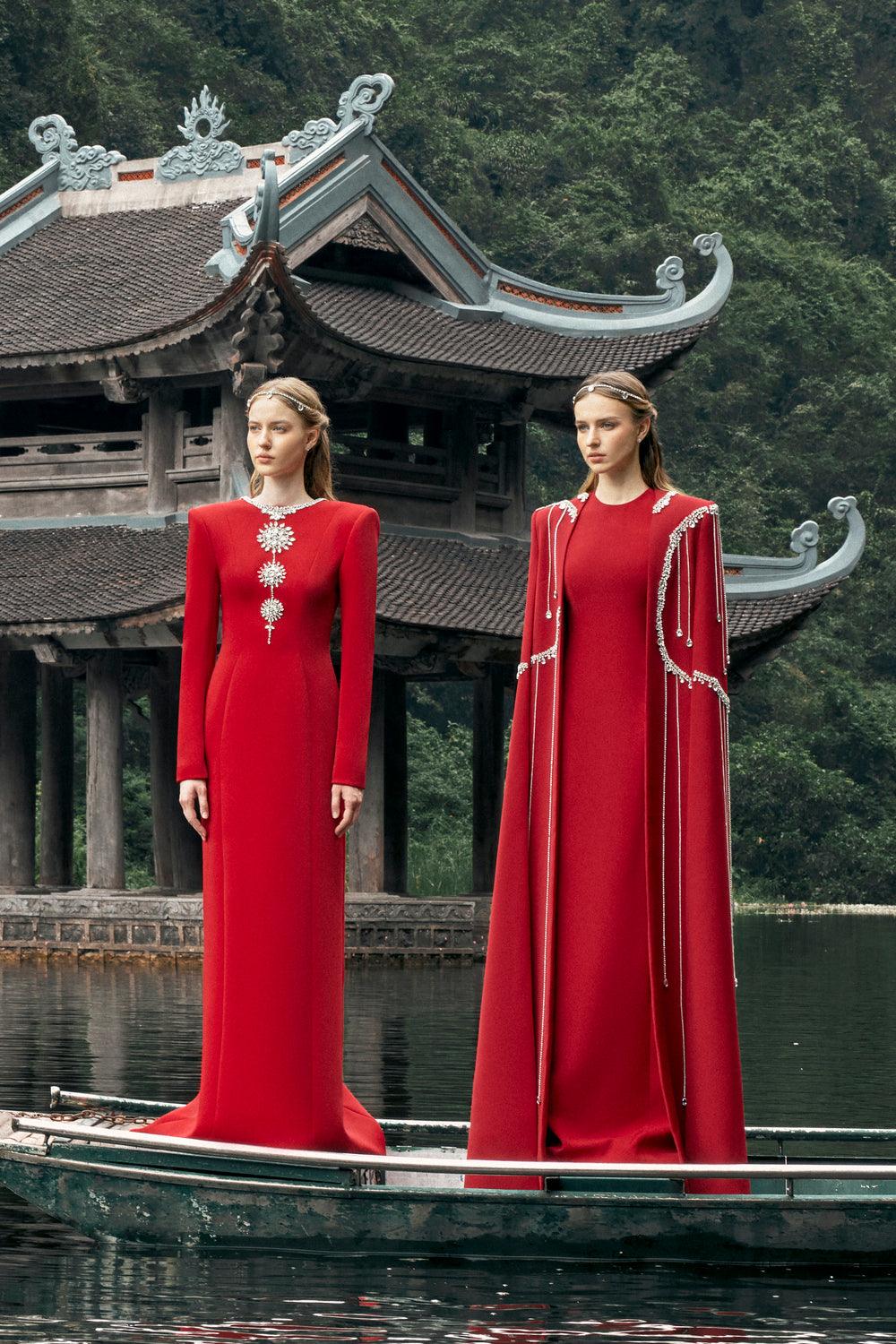 Stone Embellished Floor Length Cape - TRACY COUTURE