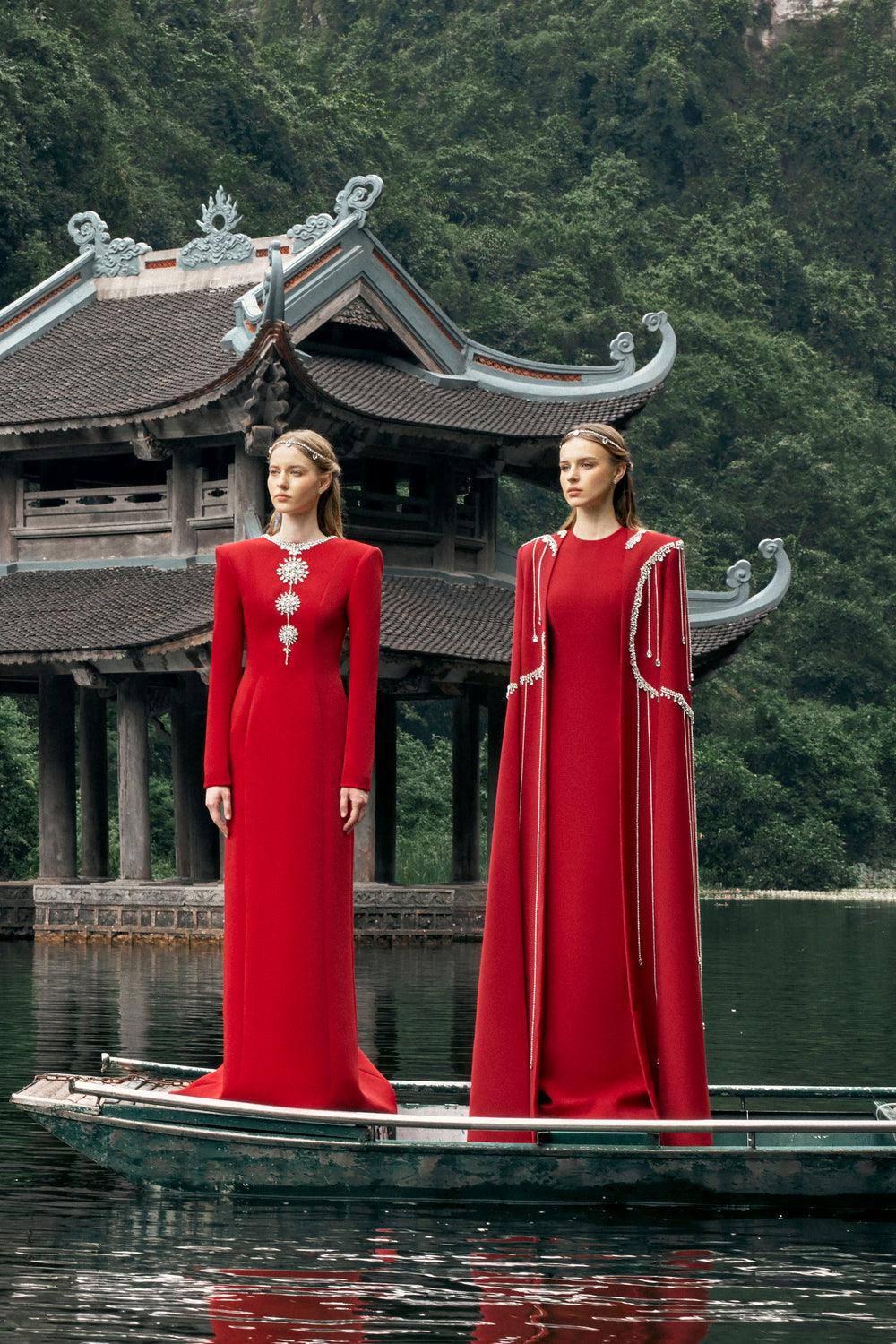 Stone Embellished Floor Length Cape - TRACY COUTURE