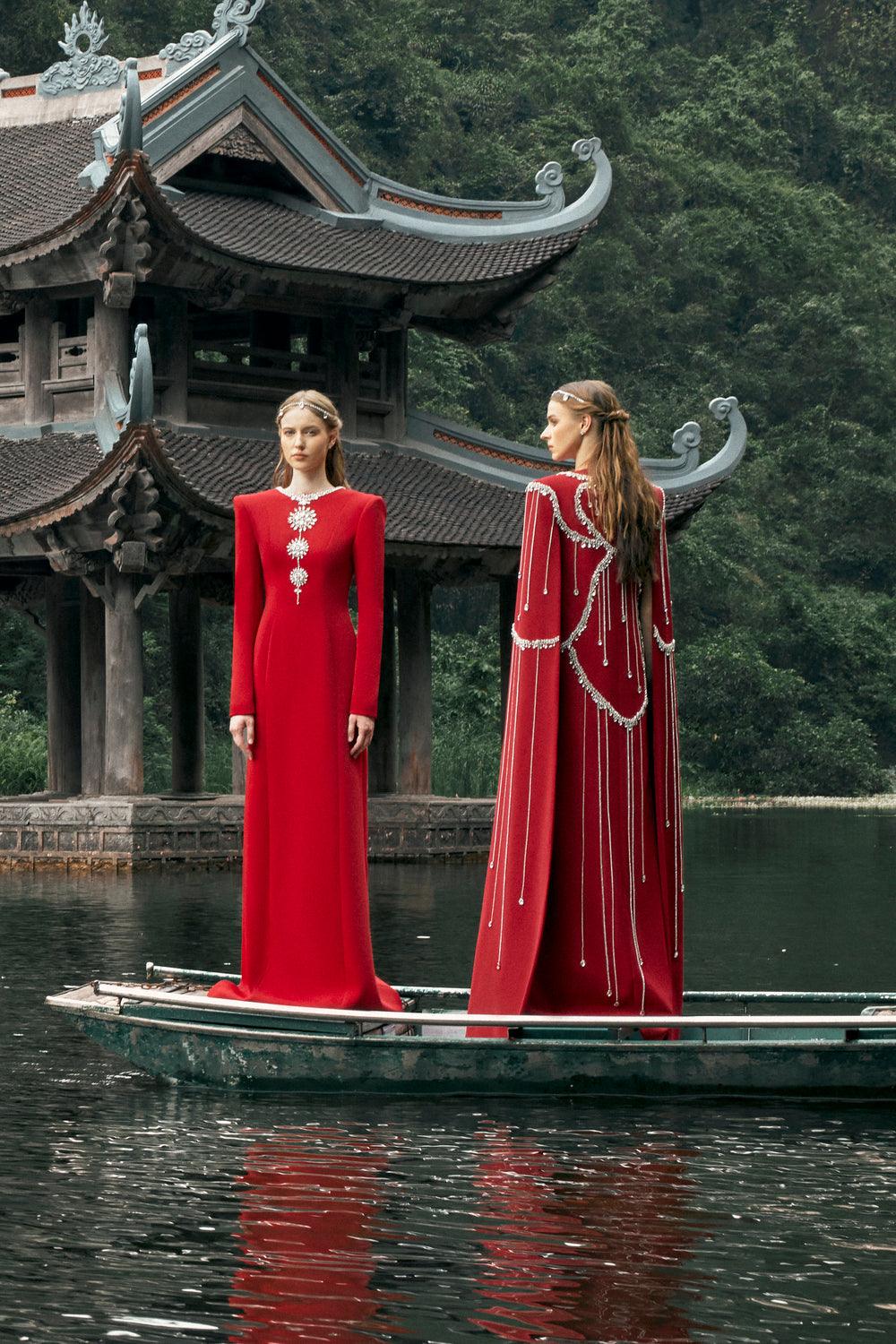 Stone Embellished Floor Length Cape - TRACY COUTURE