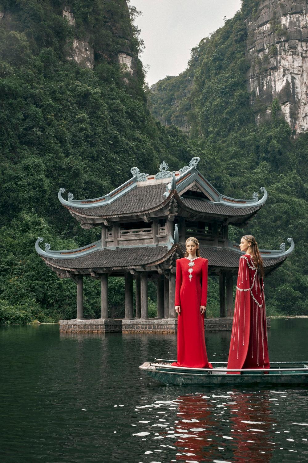 Stone Embellished Floor Length Cape - TRACY COUTURE