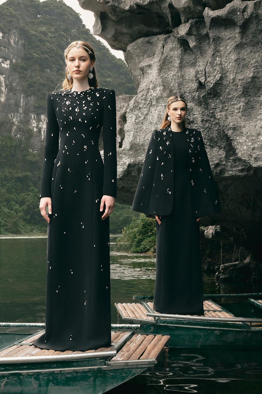 Stone Embellished Long Sleeve Dress - TRACY COUTURE