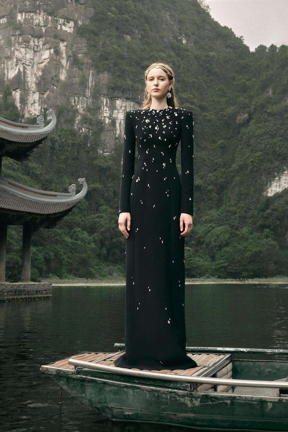 Stone Embellished Long Sleeve Dress - TRACY COUTURE