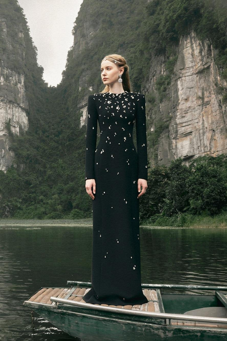 Stone Embellished Long Sleeve Dress - TRACY COUTURE