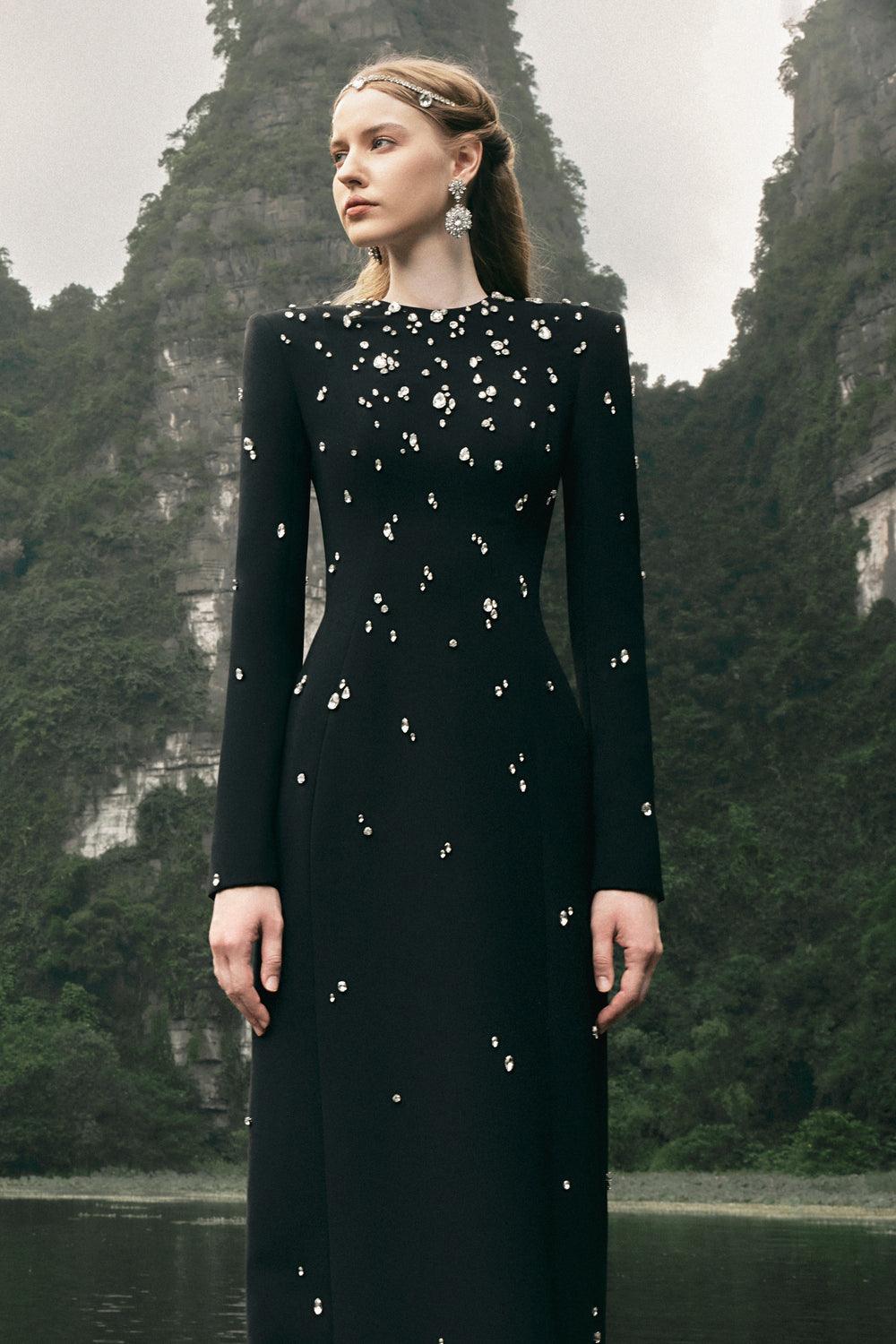 Stone Embellished Long Sleeve Dress - TRACY COUTURE